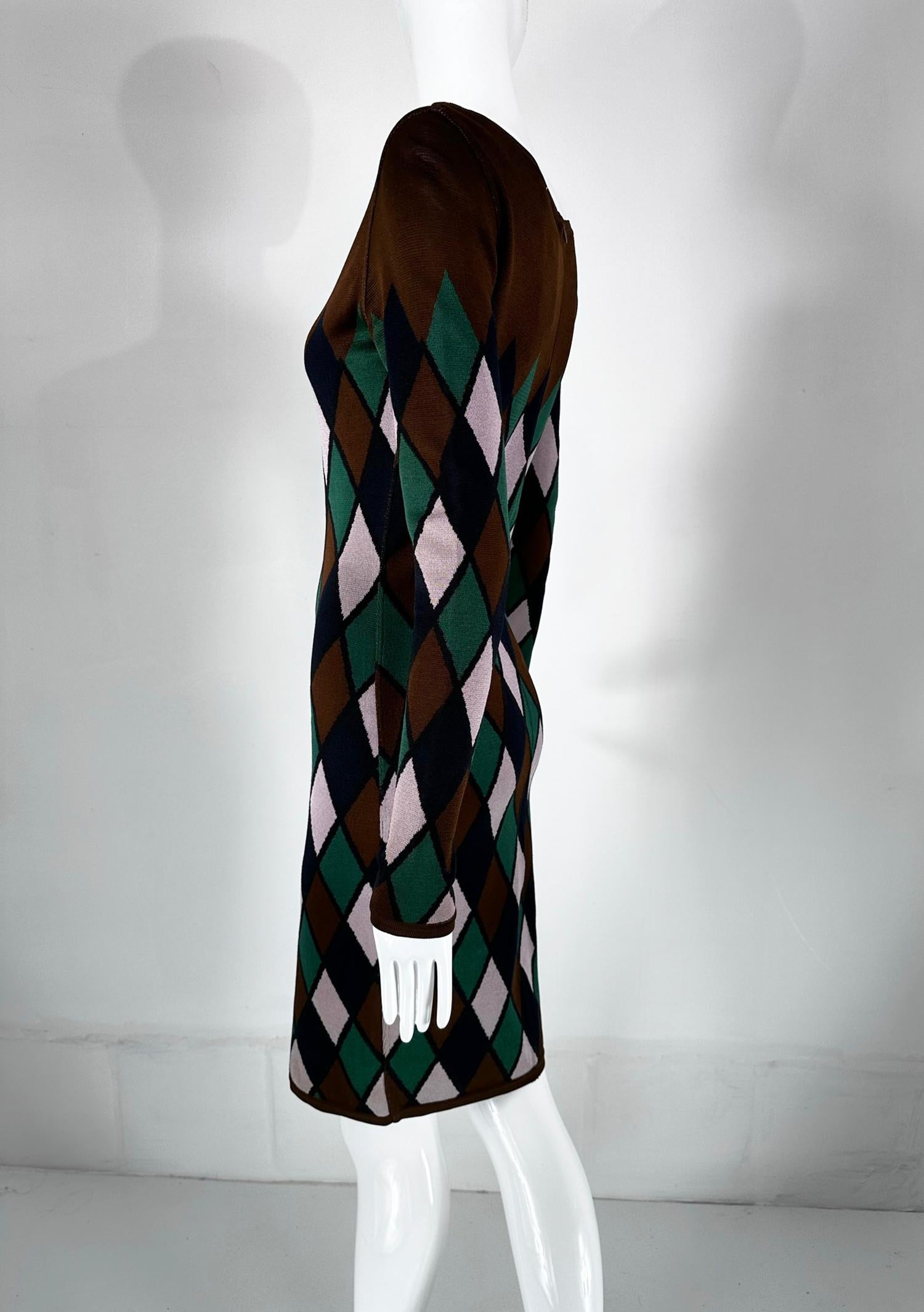 Azzedine Alaia Rare Fall 1992 Brown & Green Argyle Knit Body Con Dress Medium In Good Condition For Sale In West Palm Beach, FL