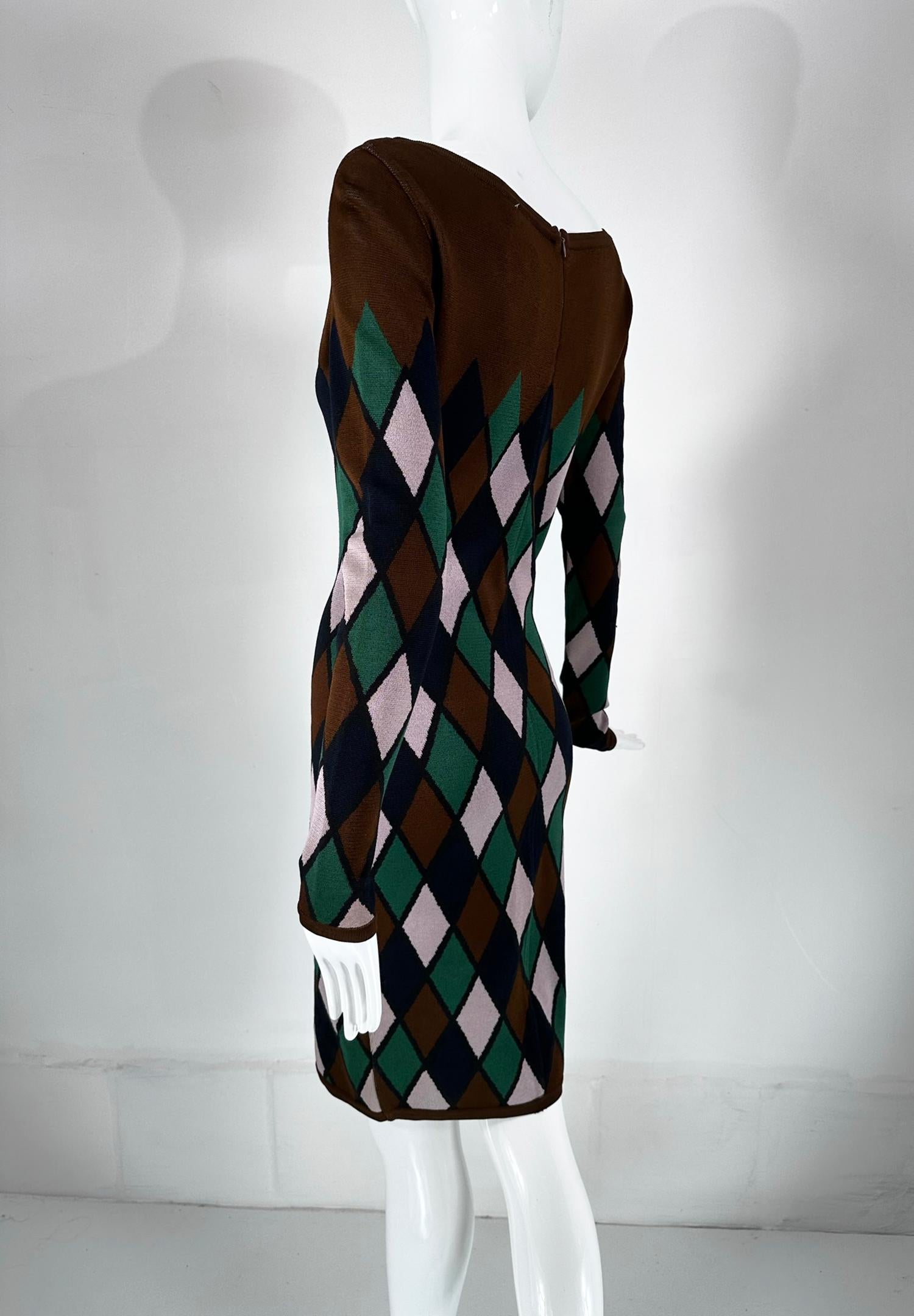 Azzedine Alaia Rare Fall 1992 Brown & Green Argyle Knit Body Con Dress Medium Pour femmes en vente