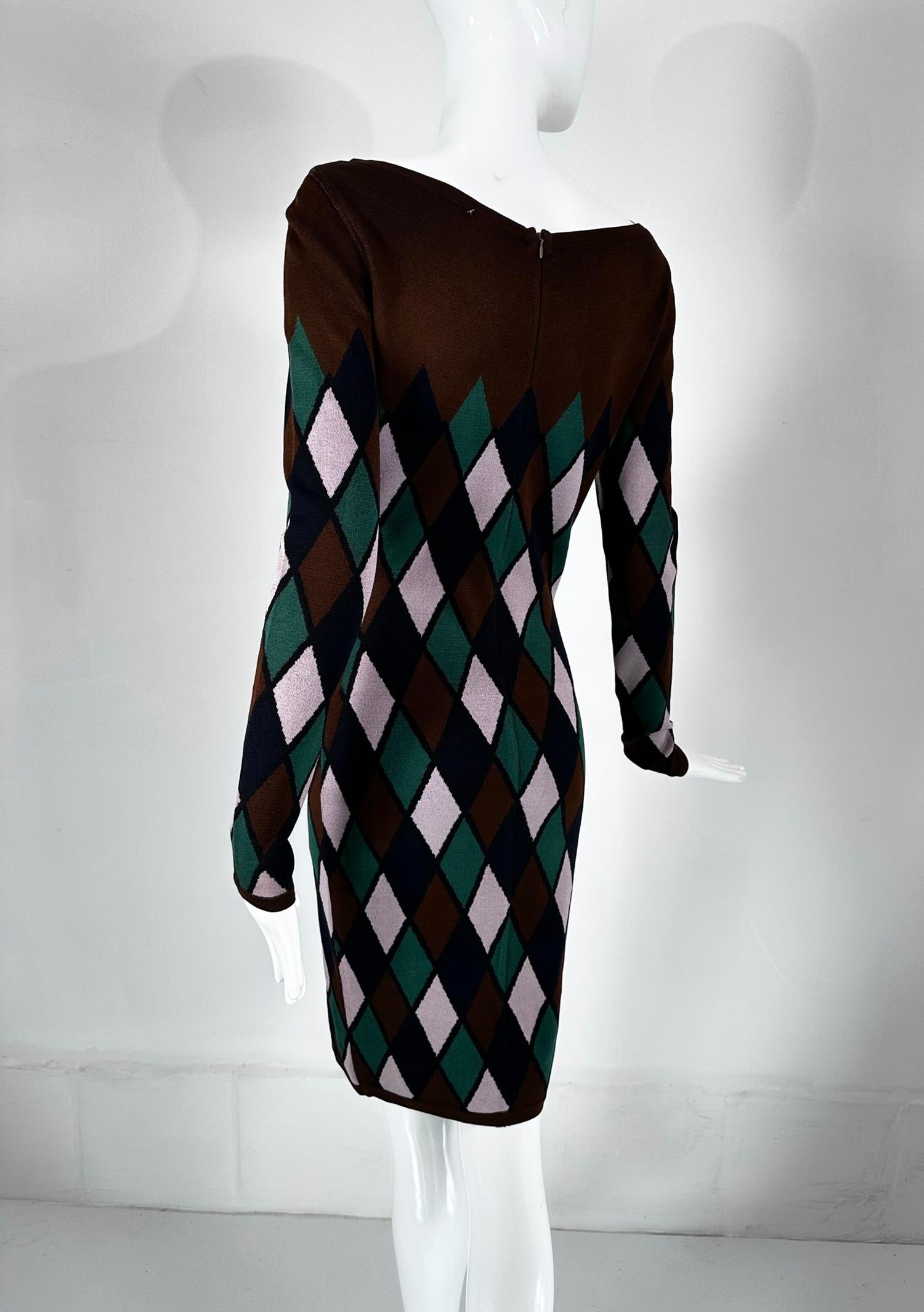 Azzedine Alaia Rare Fall 1992 Brown & Green Argyle Knit Body Con Dress Medium For Sale 1