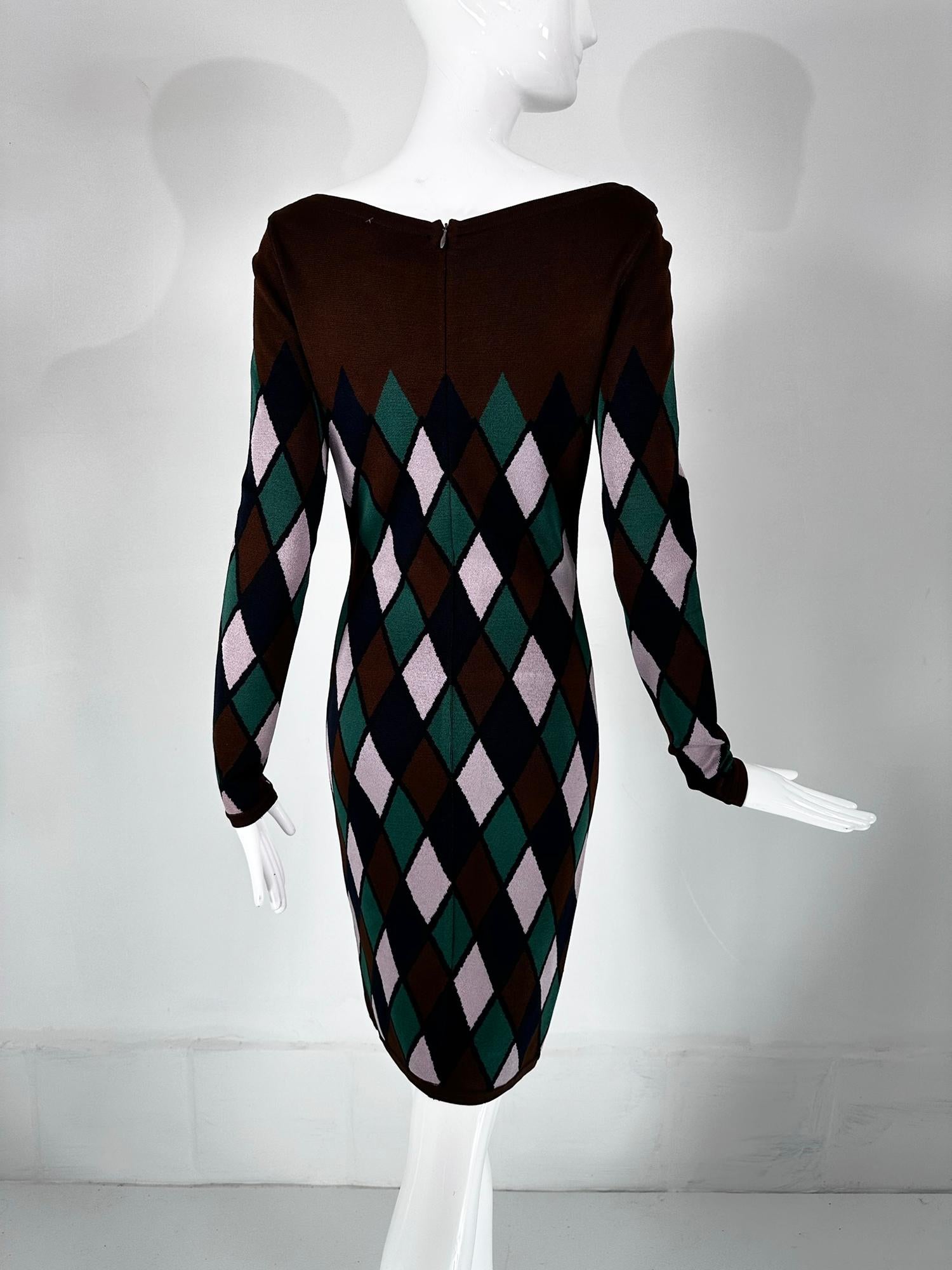 Azzedine Alaia Rare Fall 1992 Brown & Green Argyle Knit Body Con Dress Medium For Sale 2