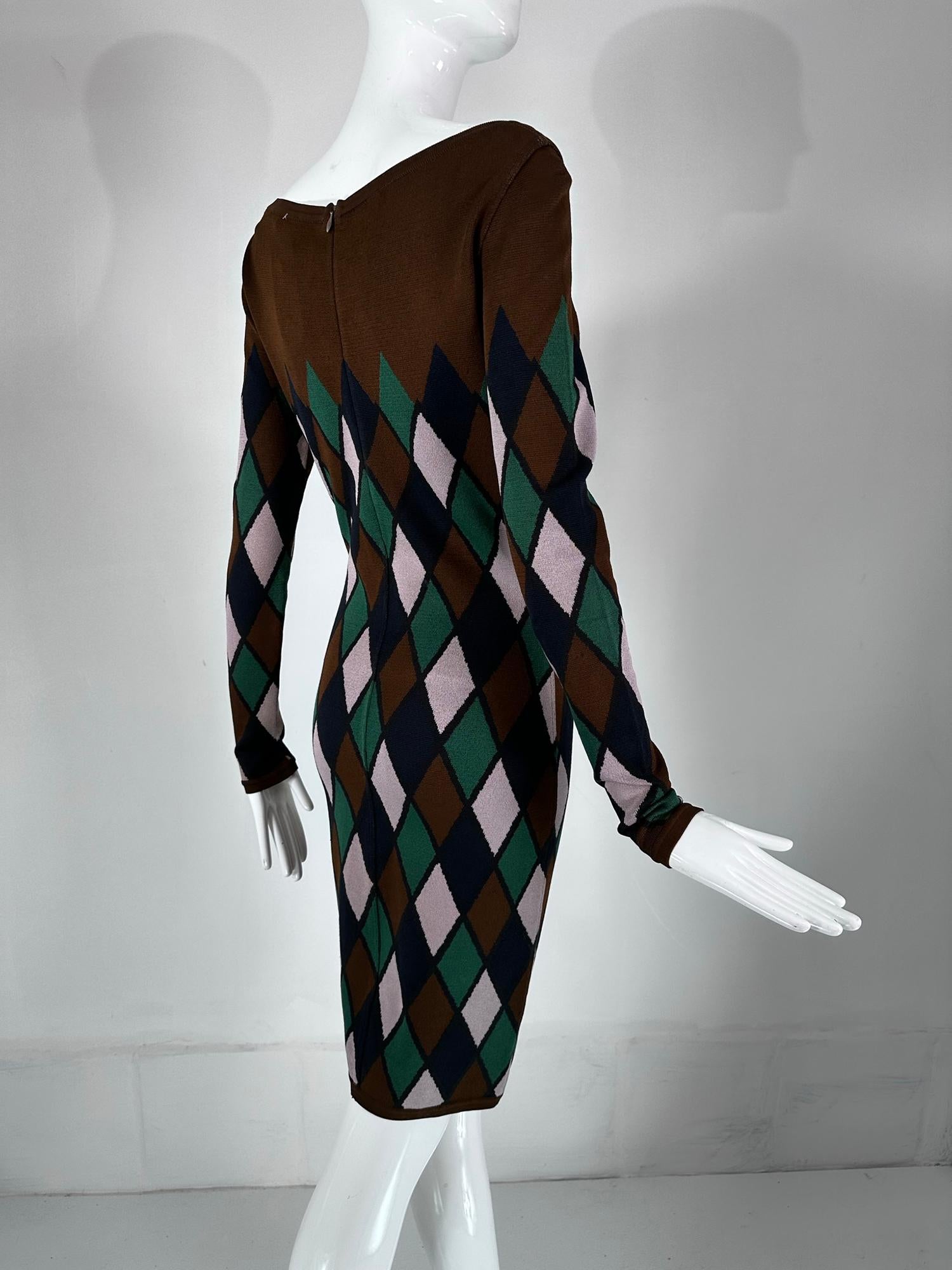 Azzedine Alaia Rare Fall 1992 Brown & Green Argyle Knit Body Con Dress Medium For Sale 3