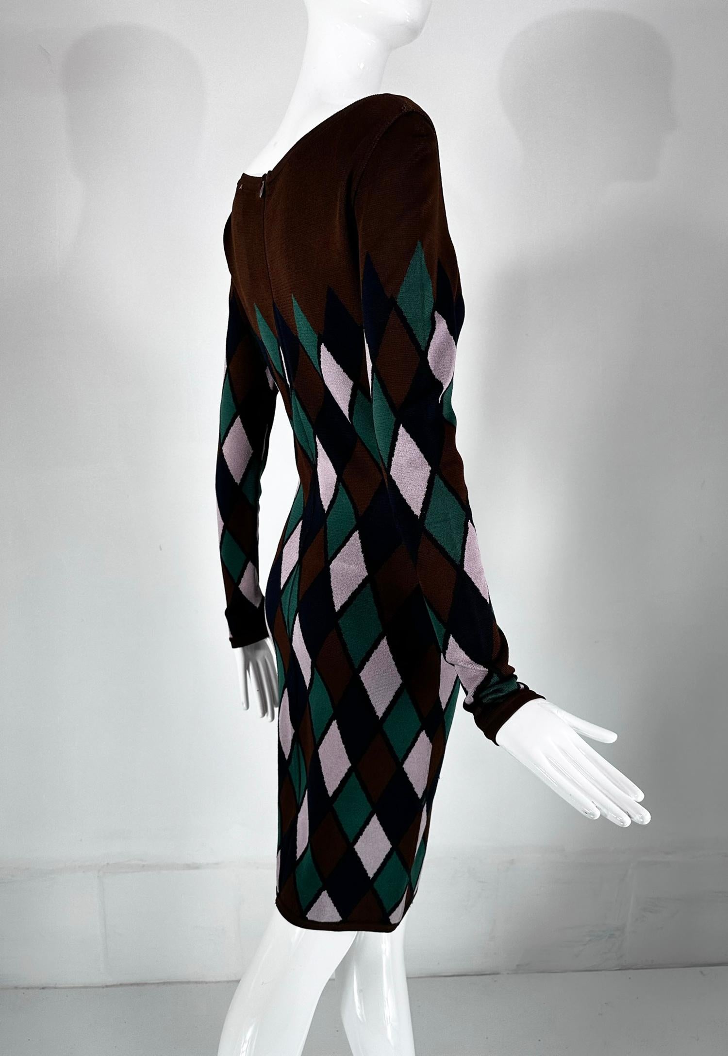Azzedine Alaia Rare Fall 1992 Brown & Green Argyle Knit Body Con Dress Medium For Sale 4