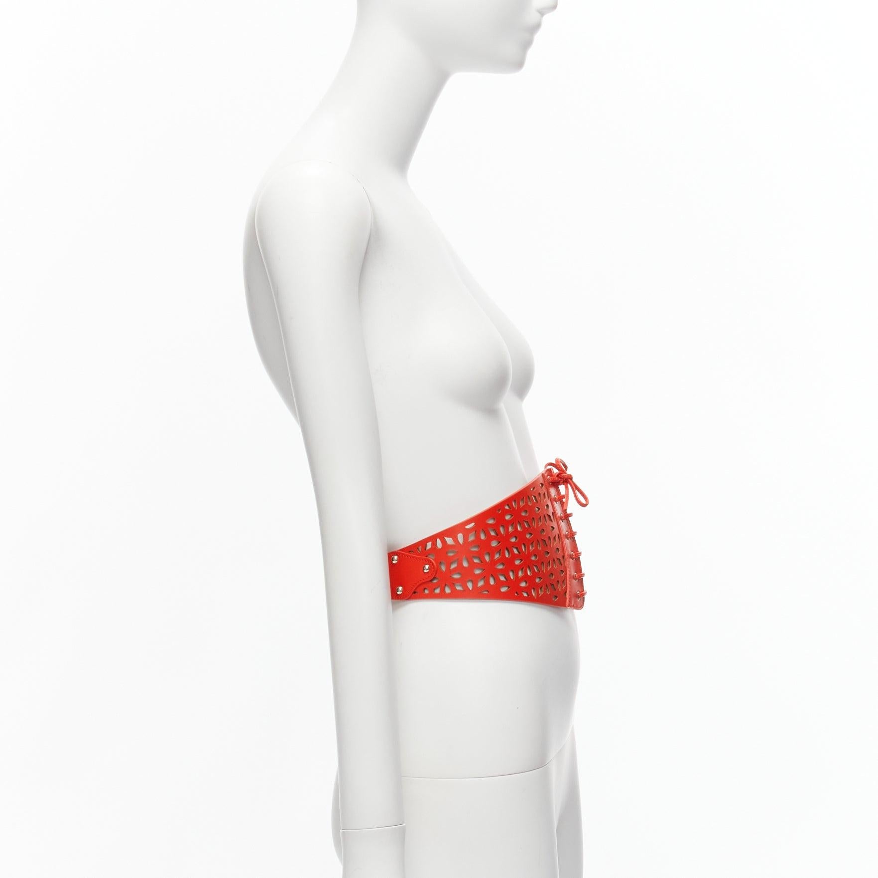 AZZEDINE ALAIA red laser cut leather laced corset waist belt 70cm In New Condition In Hong Kong, NT