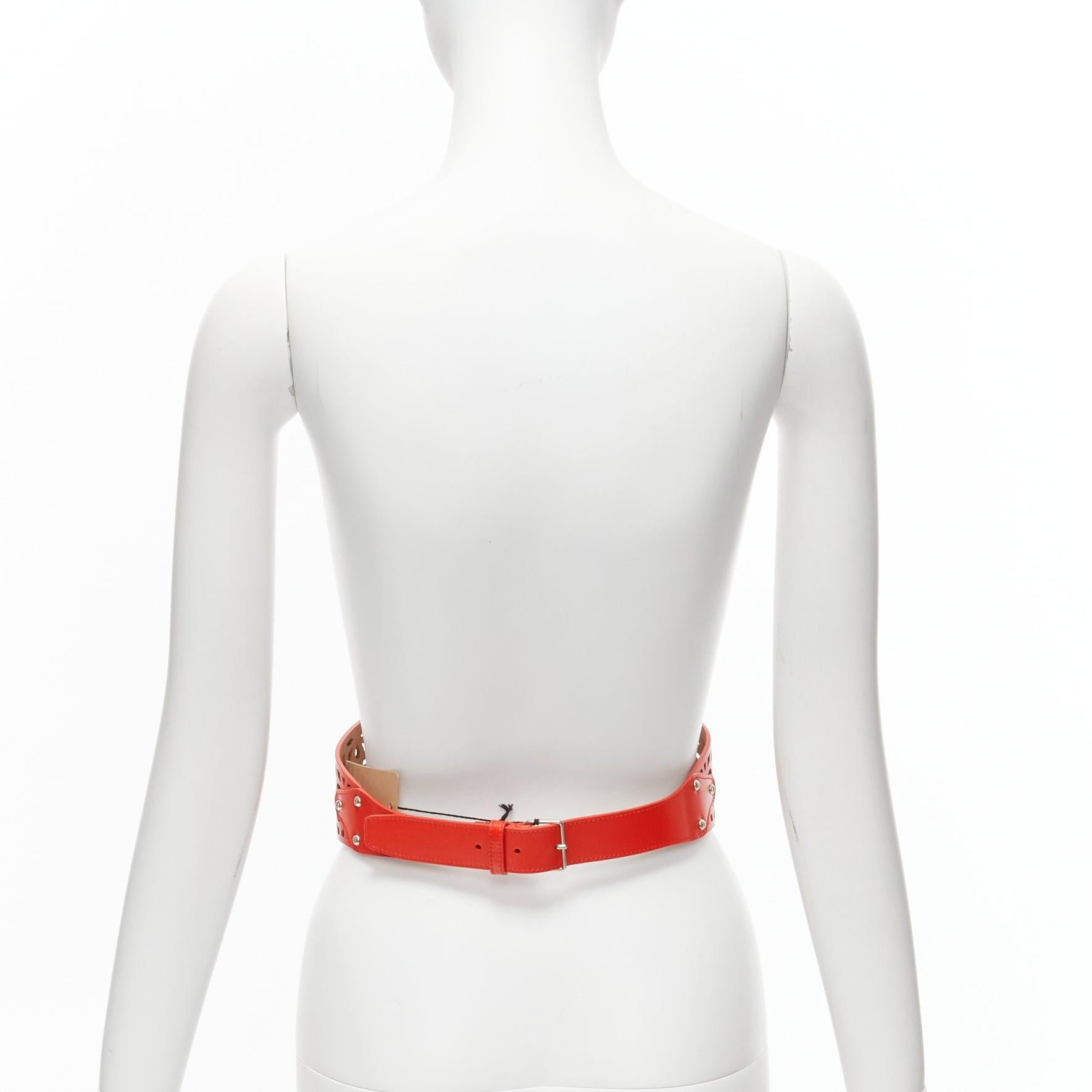 Women's AZZEDINE ALAIA red laser cut leather laced corset waist belt 70cm