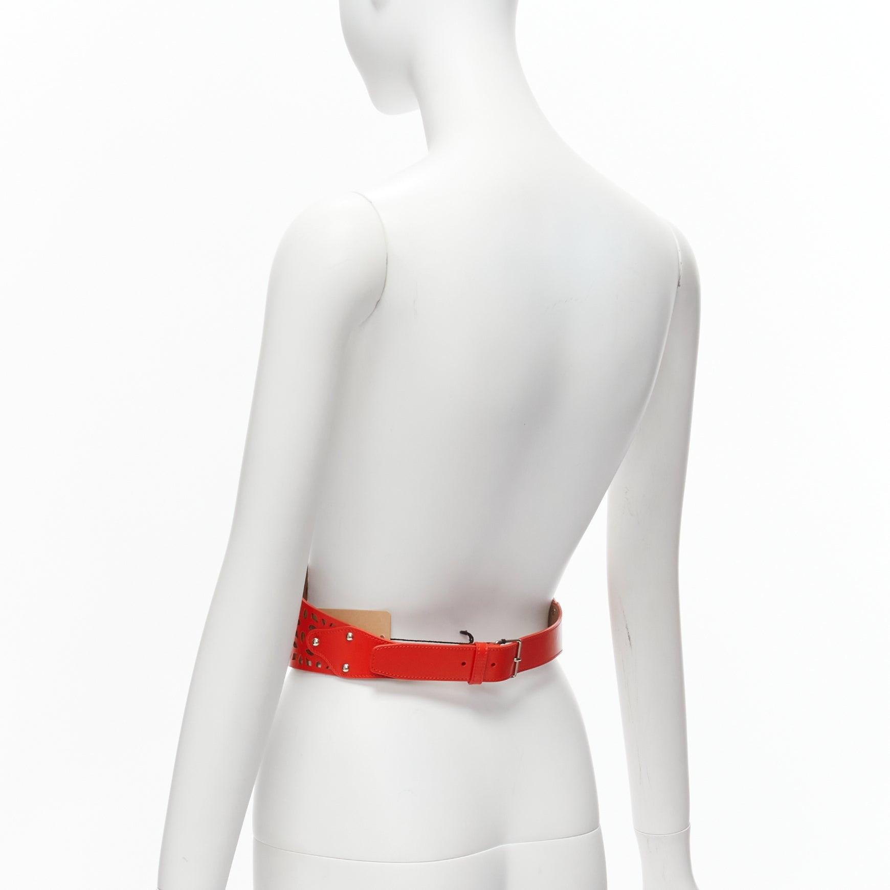 AZZEDINE ALAIA red laser cut leather laced corset waist belt 70cm 1