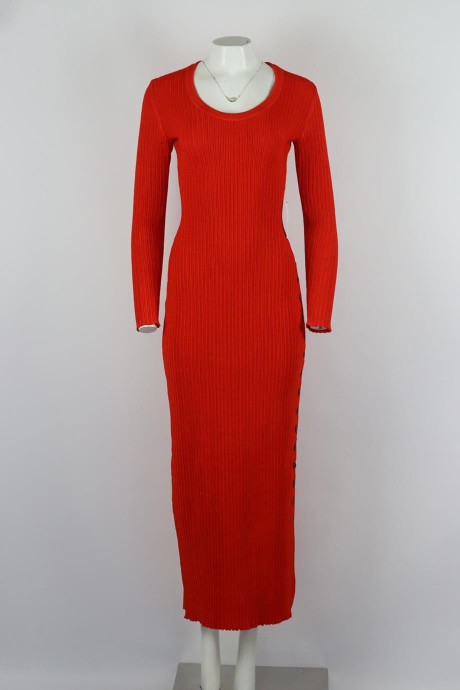 Azzedine Alaïa ribbed stretch knit maxi dress. Red. Long sleeve, scoop neck. Slips on. 91% Viscose, 7% polyamide, 2% elastane. Size: FR 36 (UK 8, US 4, IT 40) Bust: 29.3 in, Waist: 23.7 in, Hips: 30.3 in, Length: 54.4 in. New with tags
