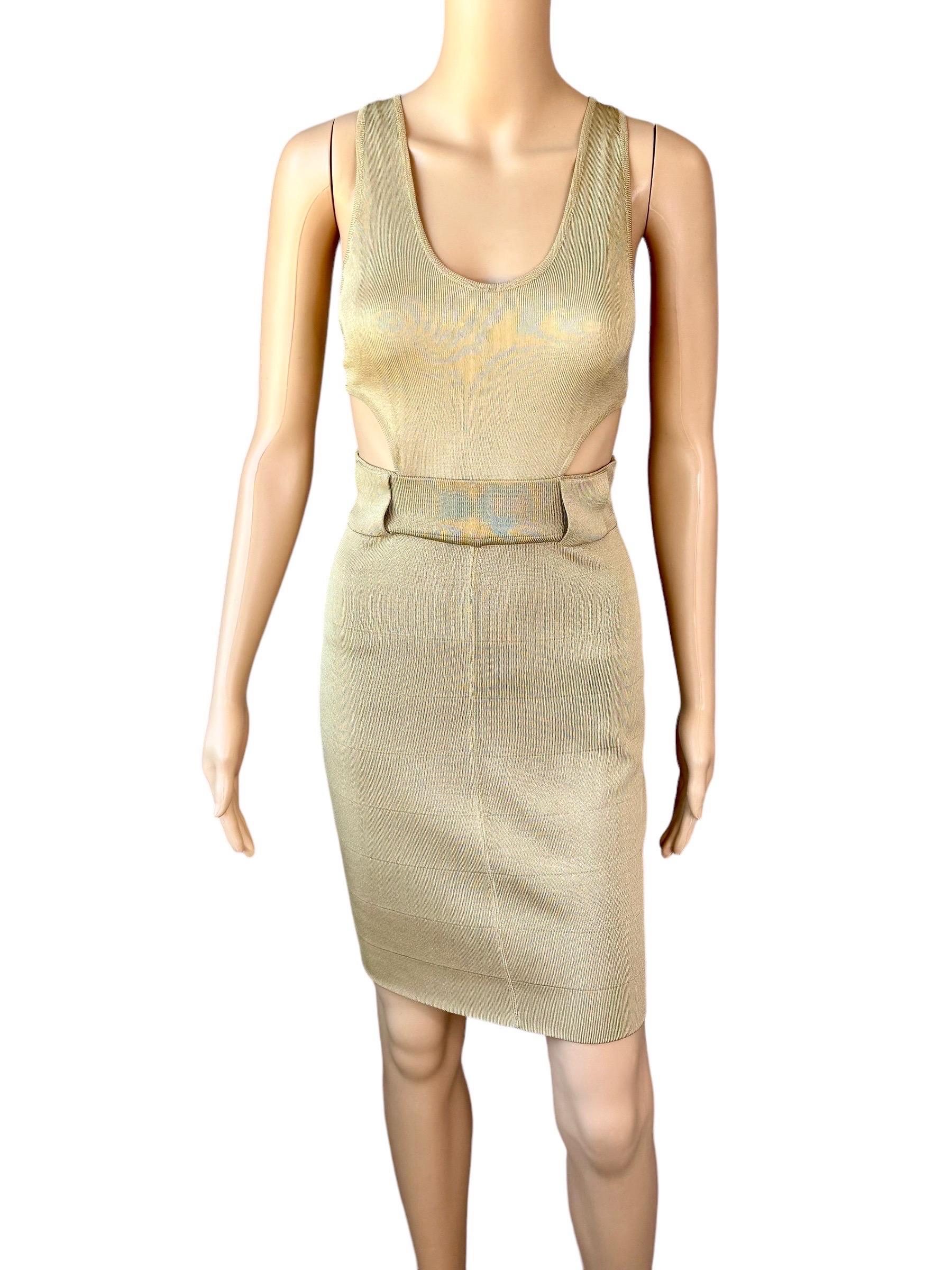 Azzedine Alaia S/S 1985 Vintage Plunged Cutout Bodycon Beige Mini Dress In Good Condition For Sale In Naples, FL