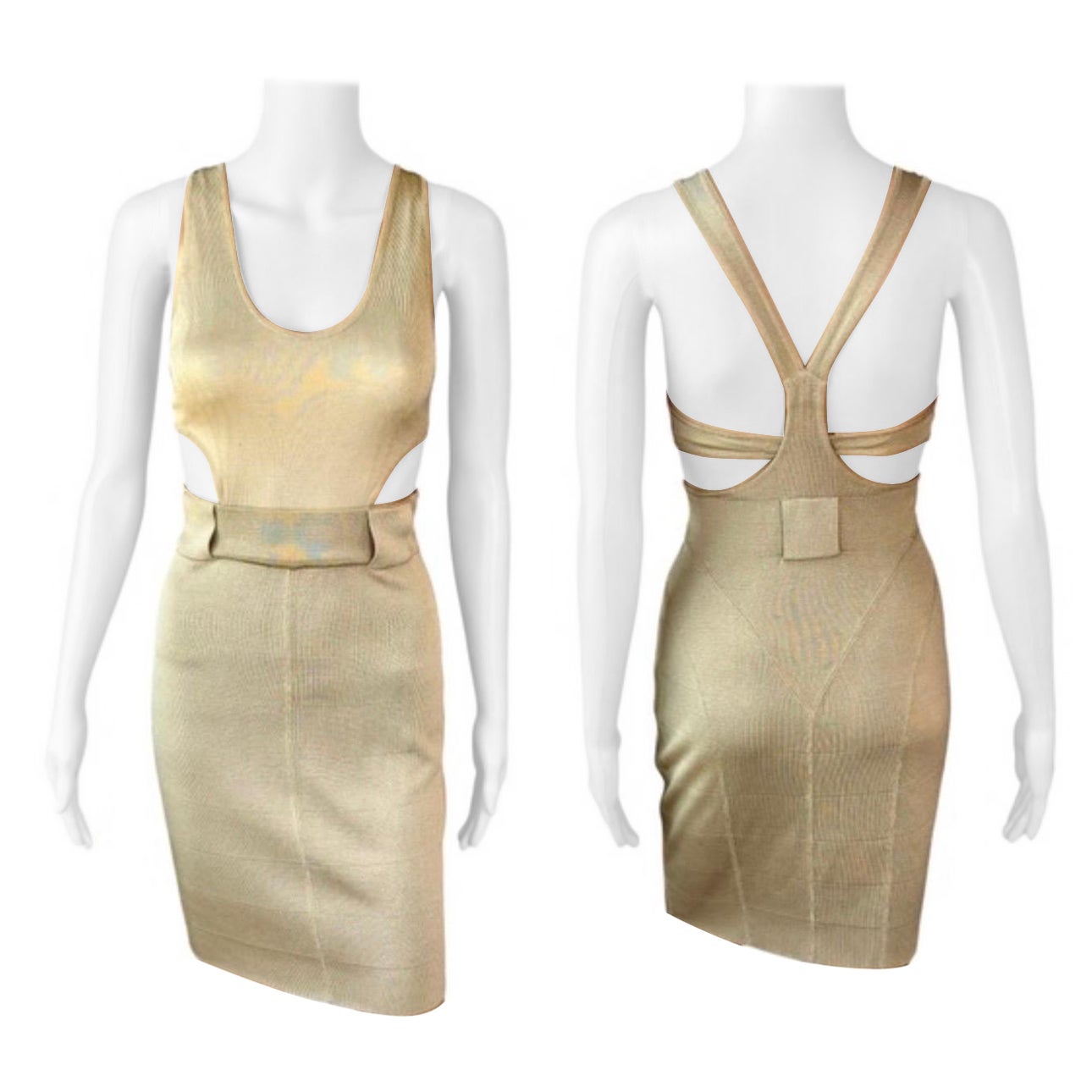 Azzedine Alaia F/S 1985 Vintage Plunged Cutout Bodycon Beige Minikleid mit Ausschnitt