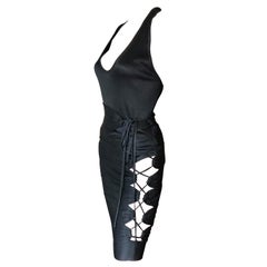 Azzedine Alaia S/S 1986 Vintage Cutout Lace Up Skirt & Bodysuit Top 2 Piece Set