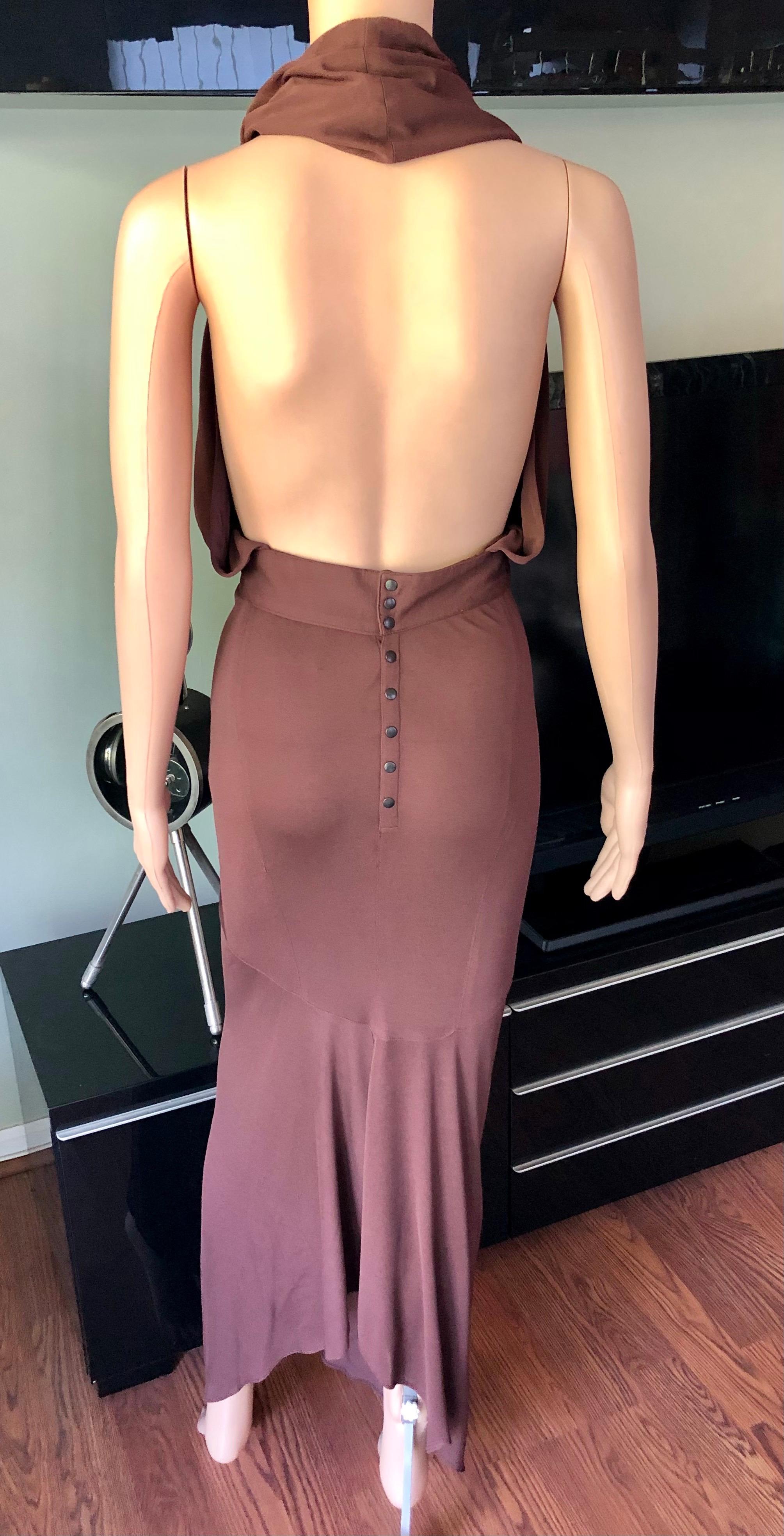 Azzedine Alaïa S/S 1986 Vintage Halter Backless Fishtail Brown Gown Maxi Dress In Good Condition In Naples, FL