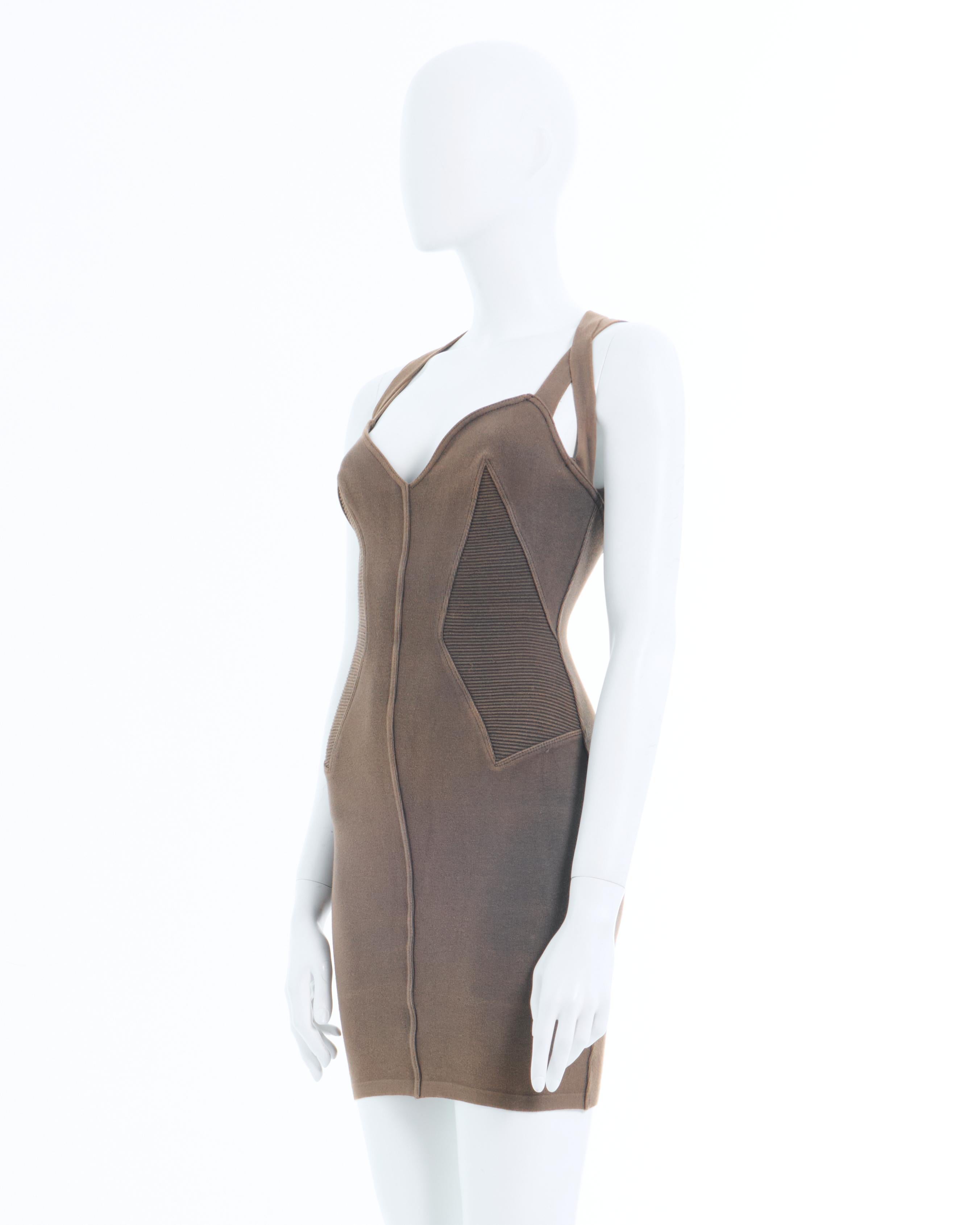 Gray Azzedine Alaïa S/S 1990 Mini Cotton Stretch Brown Dress For Sale