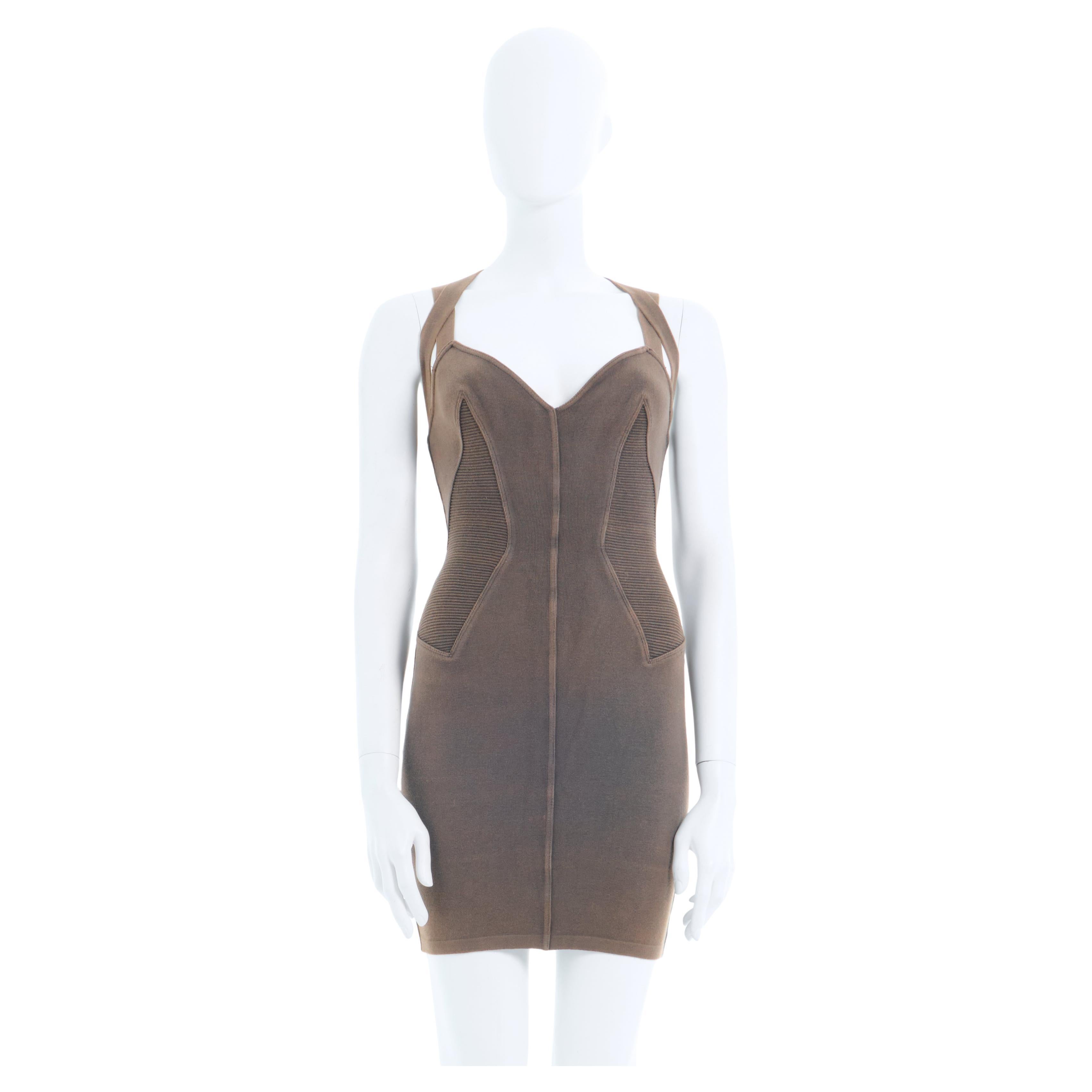 Azzedine Alaïa S/S 1990 Mini Cotton Stretch Brown Dress For Sale