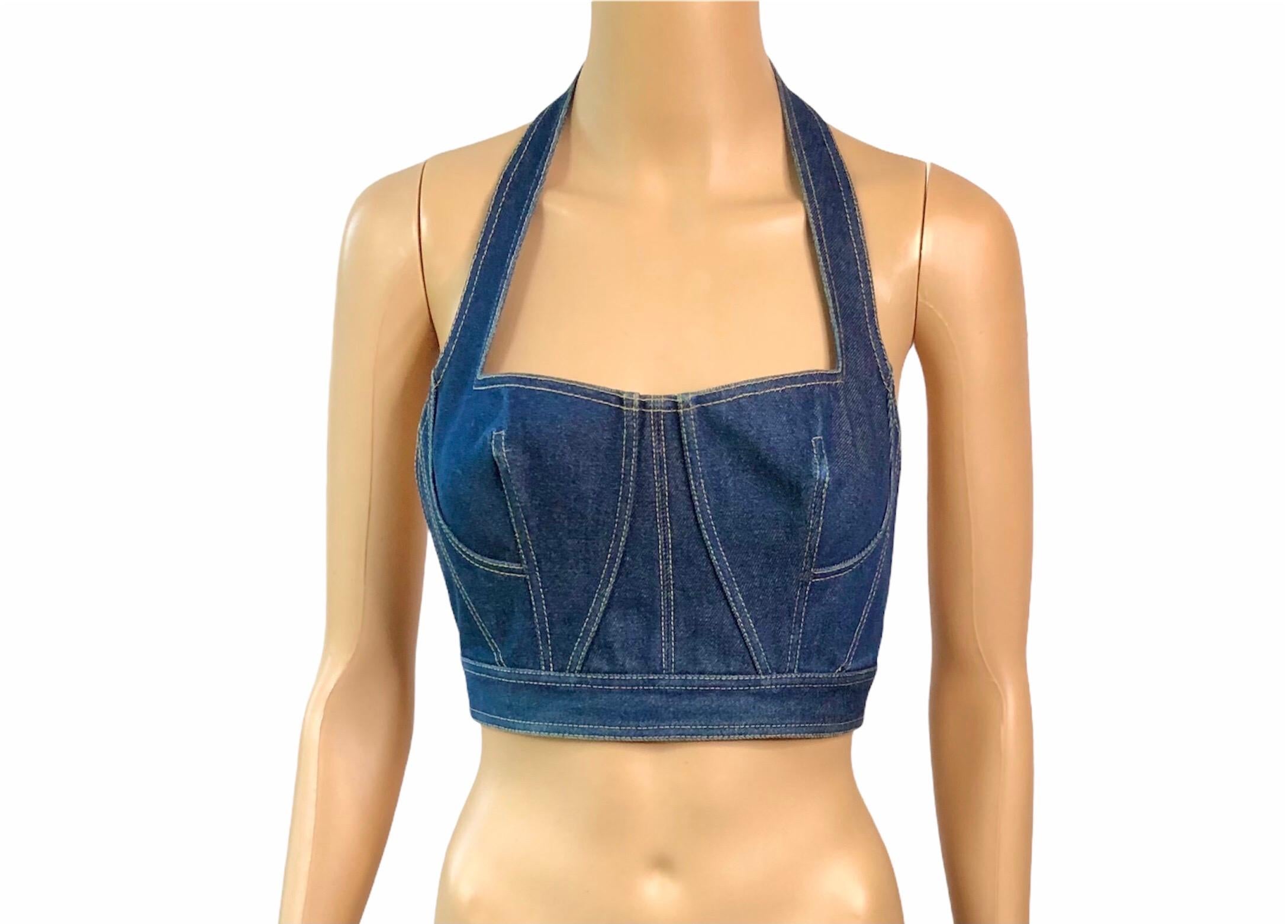 Azzedine Alaia S/S 1991 Runway Vintage Blue Denim Backless Bra Bralette Crop Top FR 36

