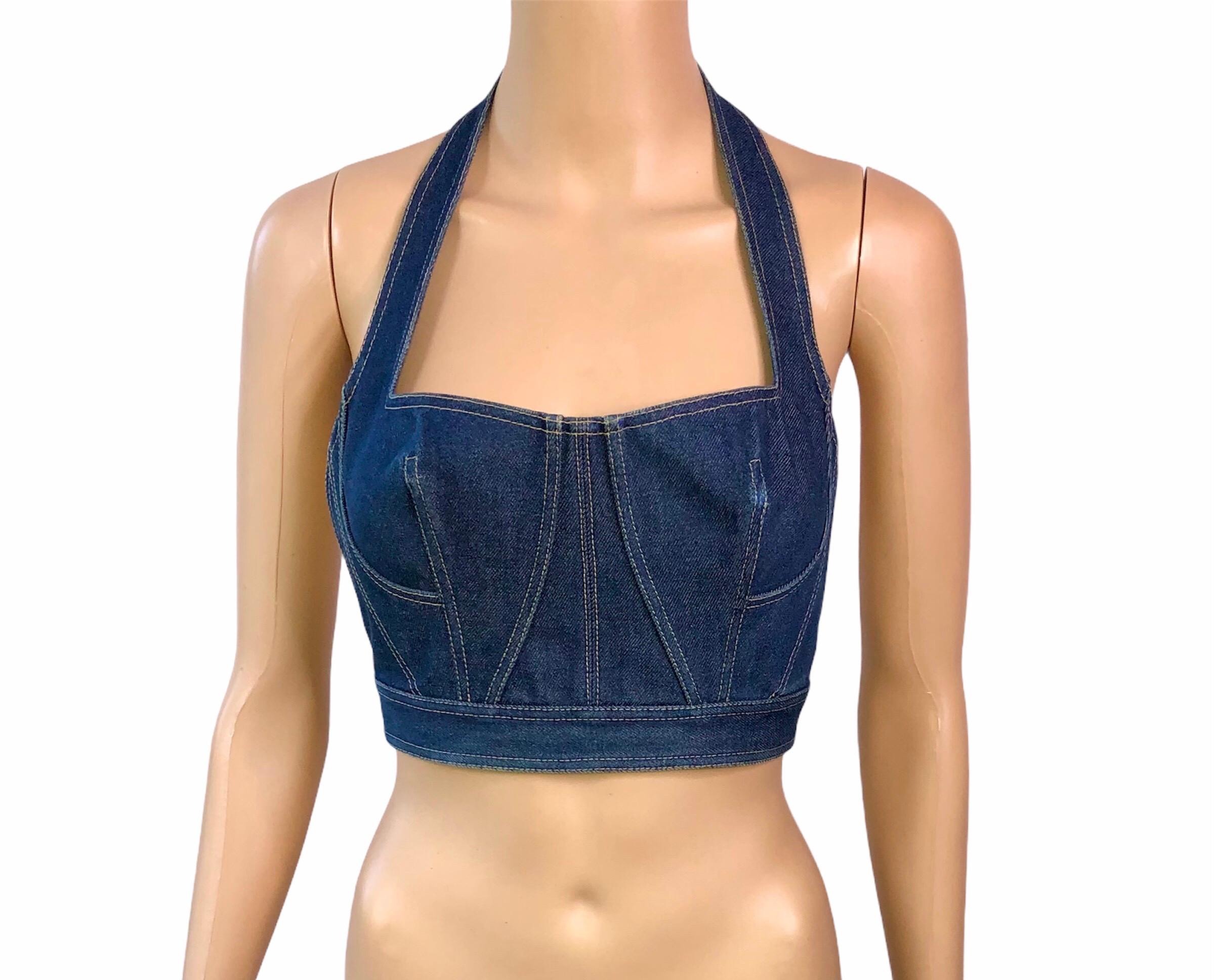 Women's Azzedine Alaia S/S 1991 Runway Vintage Blue Denim Backless Bra Bralette Crop Top
