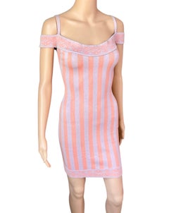 Azzedine Alaia S/S 1992 Runway Vintage Cold-Shoulder Striped Bodycon Mini Dress