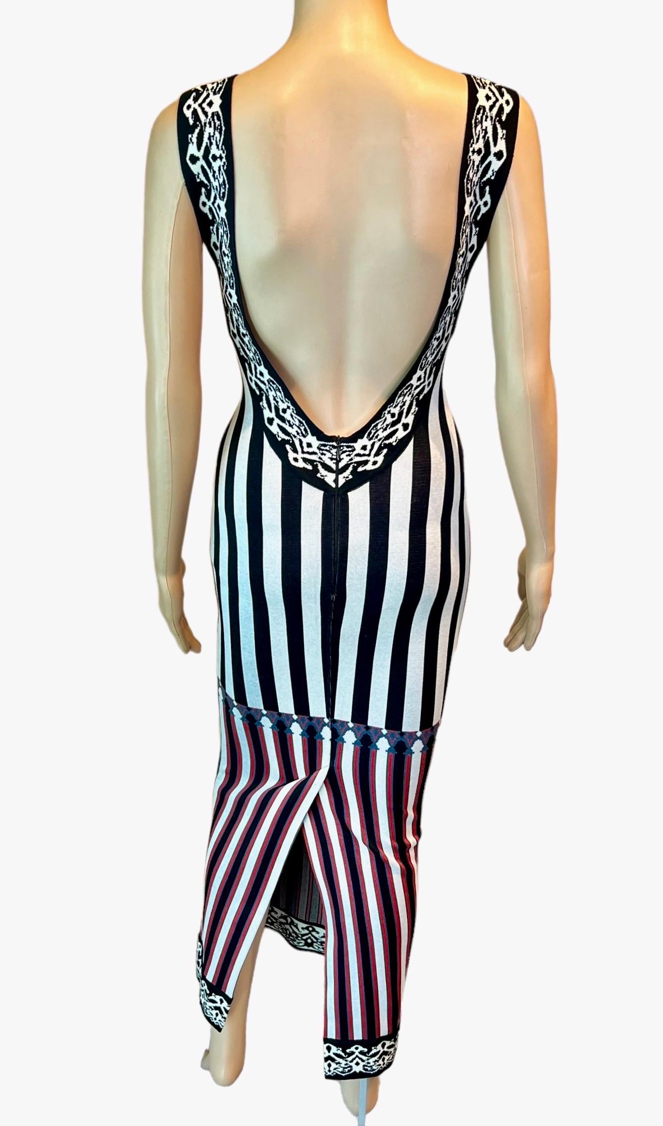 Azzedine Alaia S/S 1992 Runway Vintage Striped Bodycon Backless Maxi Dress In Good Condition For Sale In Naples, FL