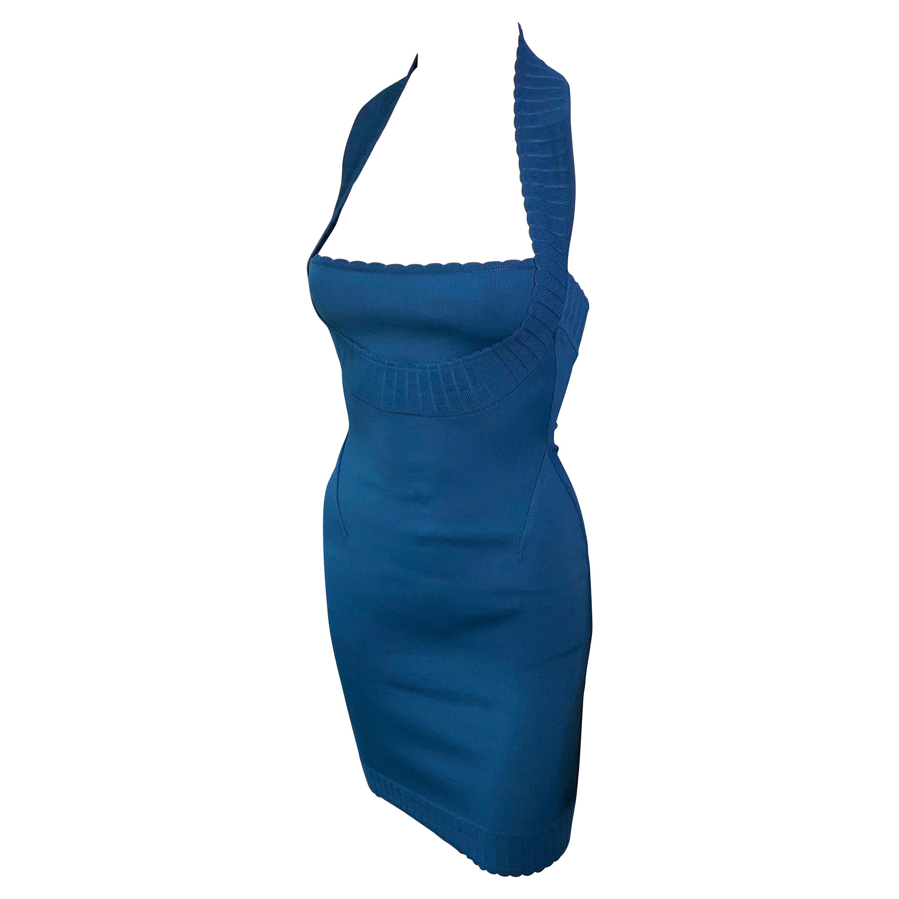 Azzedine Alaia S/S 1992 Vintage Bustier Open Back Bodycon Blue Dress 
