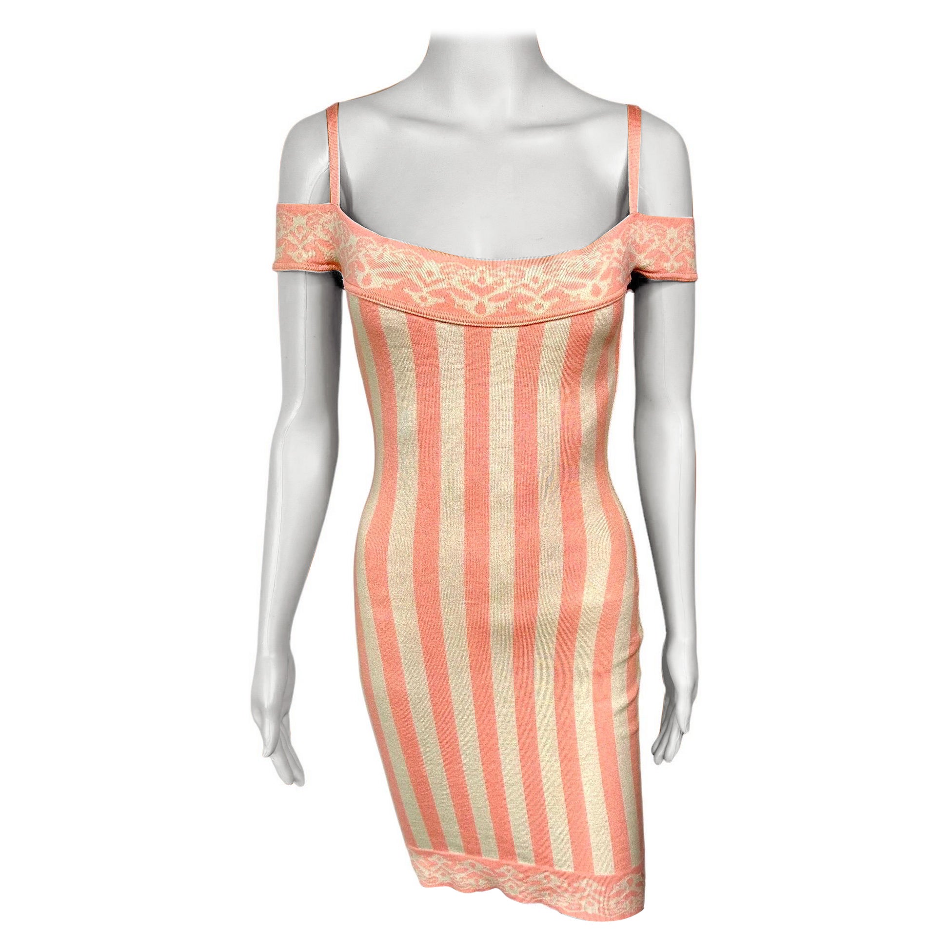 Azzedine Alaia - Robe courte moulante à épaules dénudées et à rayures, vintage, printemps-été 1992 en vente