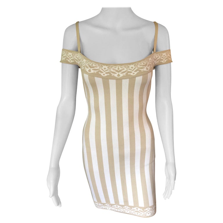 Azzedine Alaia S/S 1992 Vintage Cold-Shoulder Striped Bodycon Mini