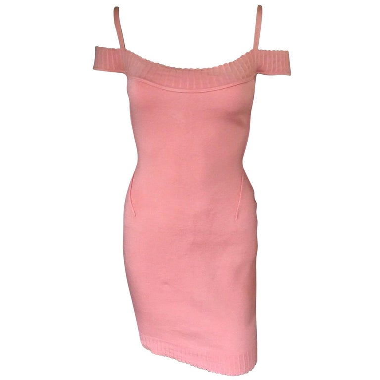 Azzedine Alaia S/S 1992 Vintage Off Shoulder Peach Fitted Dress at 1stDibs  | azzedine alaia pink dress