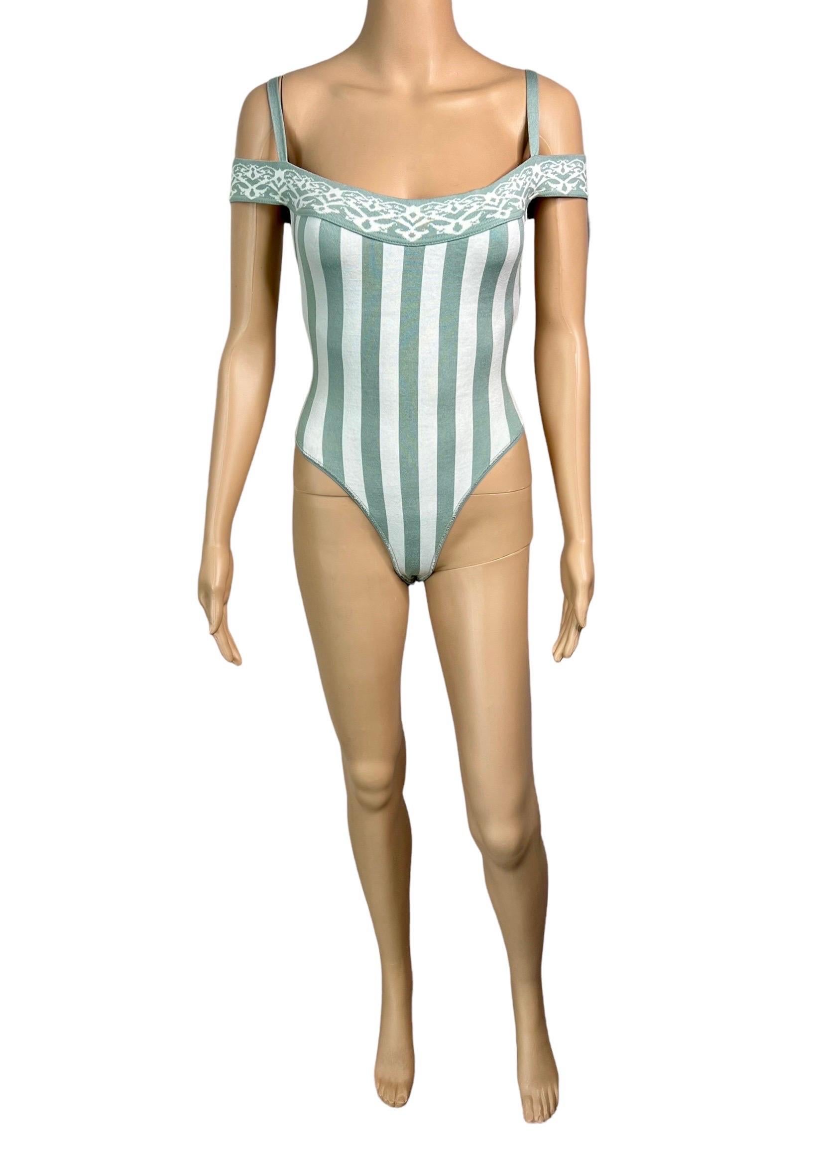 Azzedine Alaia S/S 1992 Vintage Striped Bodysuit Top and Mini Skirt 2 Piece Set For Sale 10