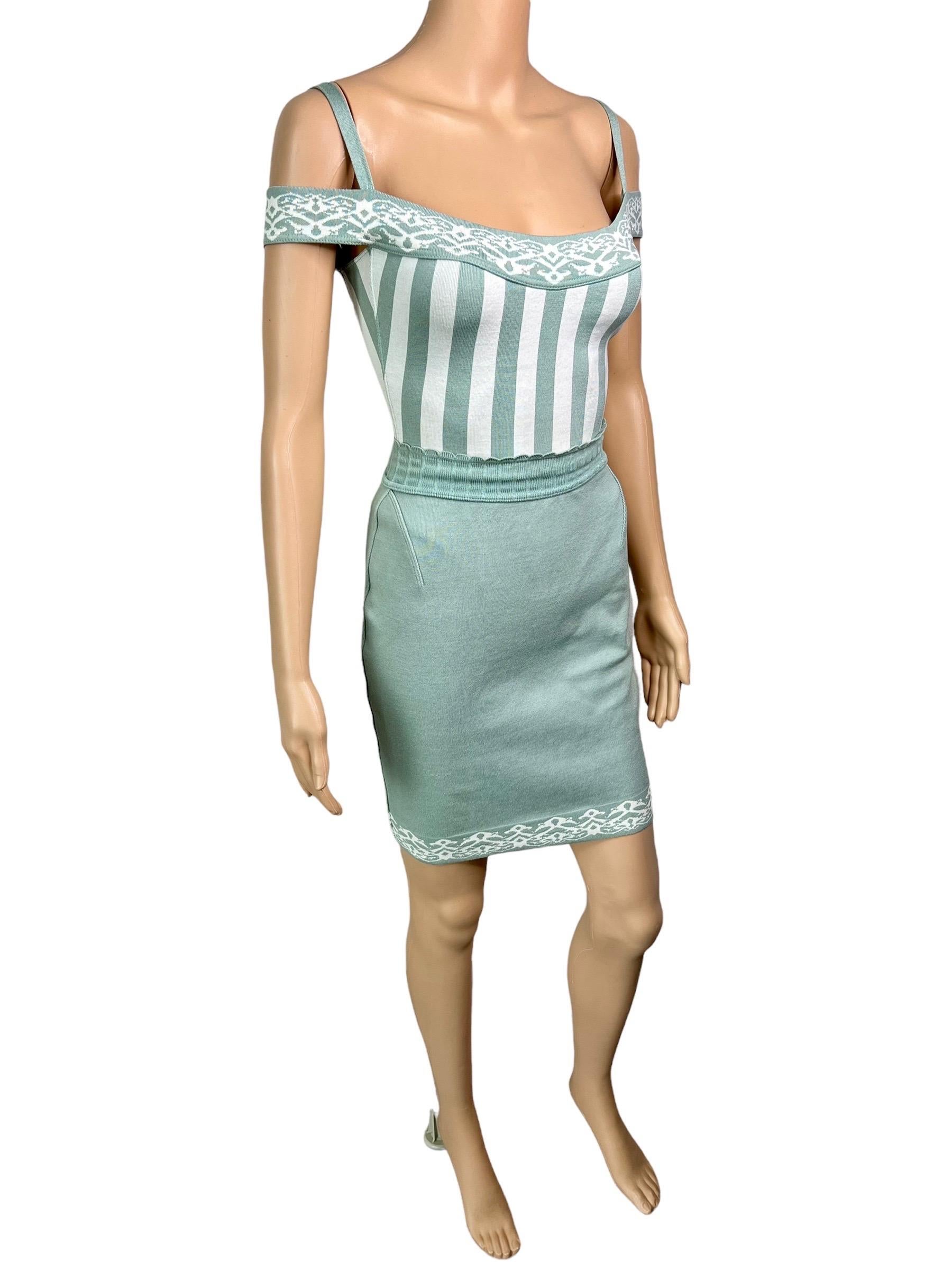Gray Azzedine Alaia S/S 1992 Vintage Striped Bodysuit Top and Mini Skirt 2 Piece Set For Sale