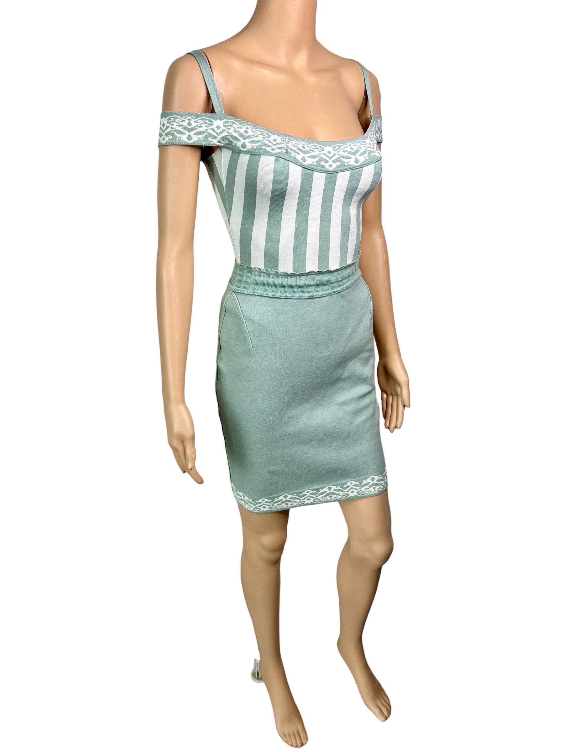 Azzedine Alaia S/S 1992 Vintage Striped Bodysuit Top and Mini Skirt 2 Piece Set For Sale 1