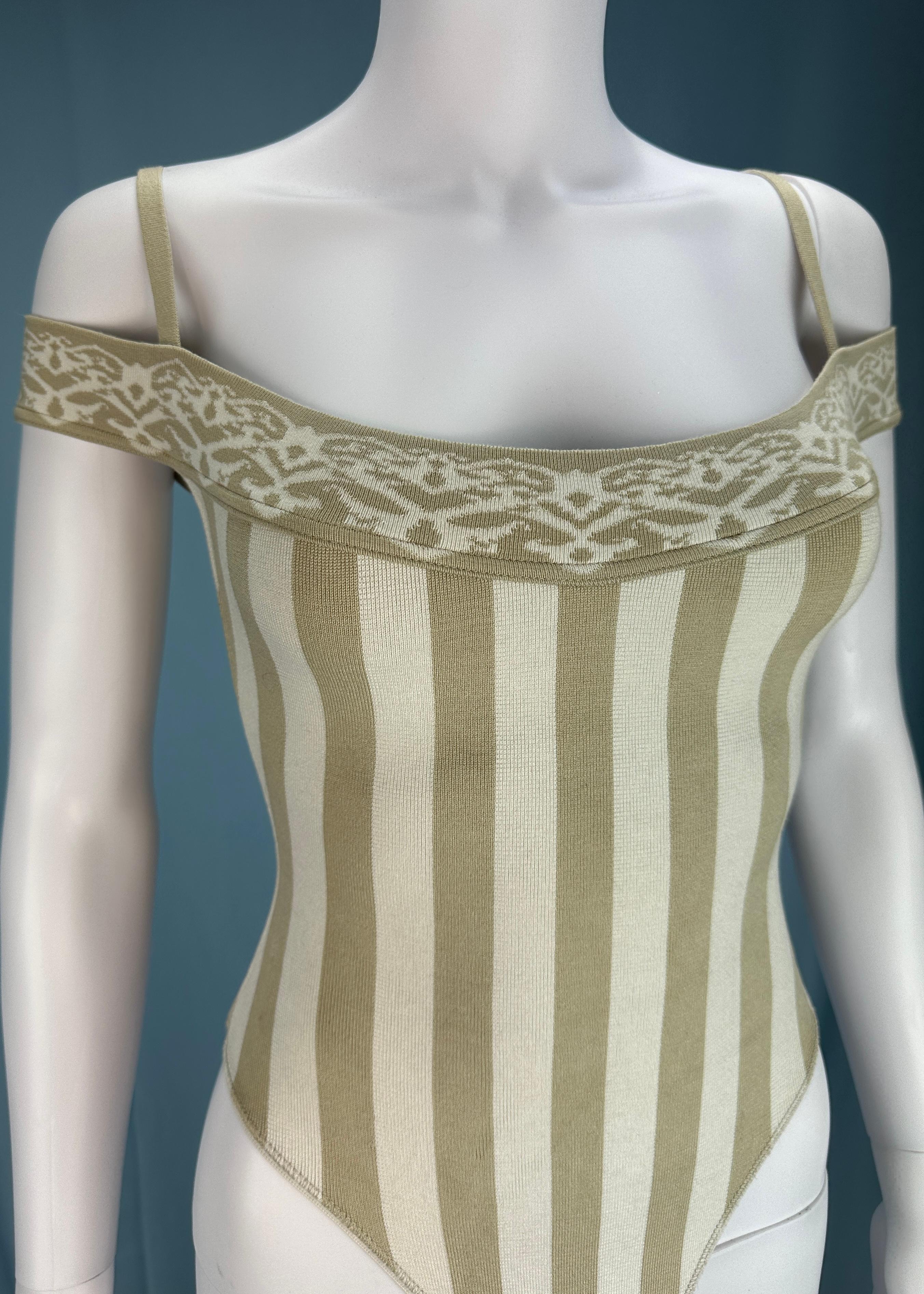 Azzedine Alaia Spring 1992 Off Shoulder Striped Bodysuit In Excellent Condition For Sale In Hertfordshire, GB