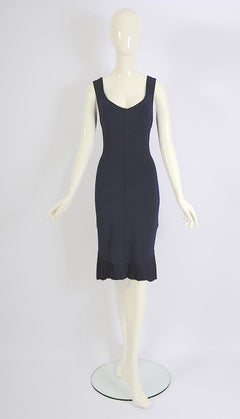 Azzedine Alaia SS 1990 Vintage Navy Blue Rayon Knit Body Con Pleated Hem Dress
