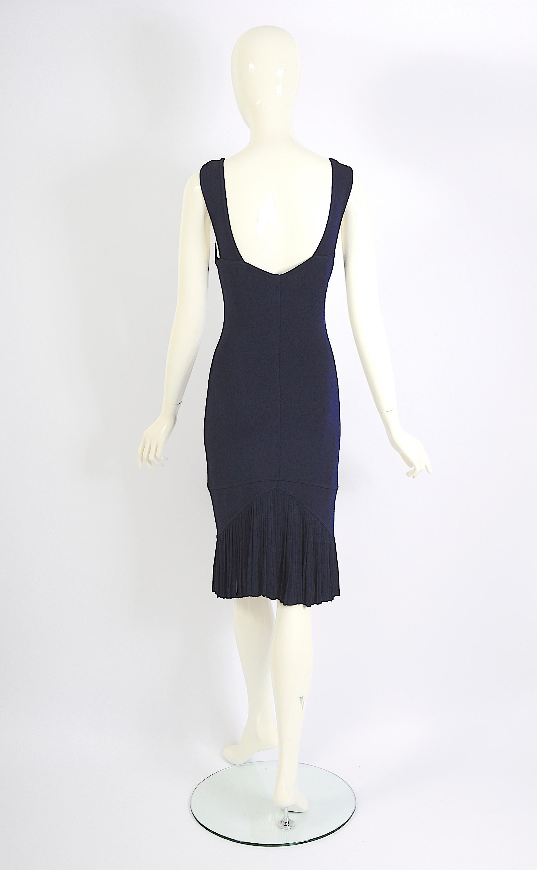 Azzedine Alaia SS 1990 Vintage Navy Blue Rayon Knit Body Con Pleated Hem Dress en vente 1