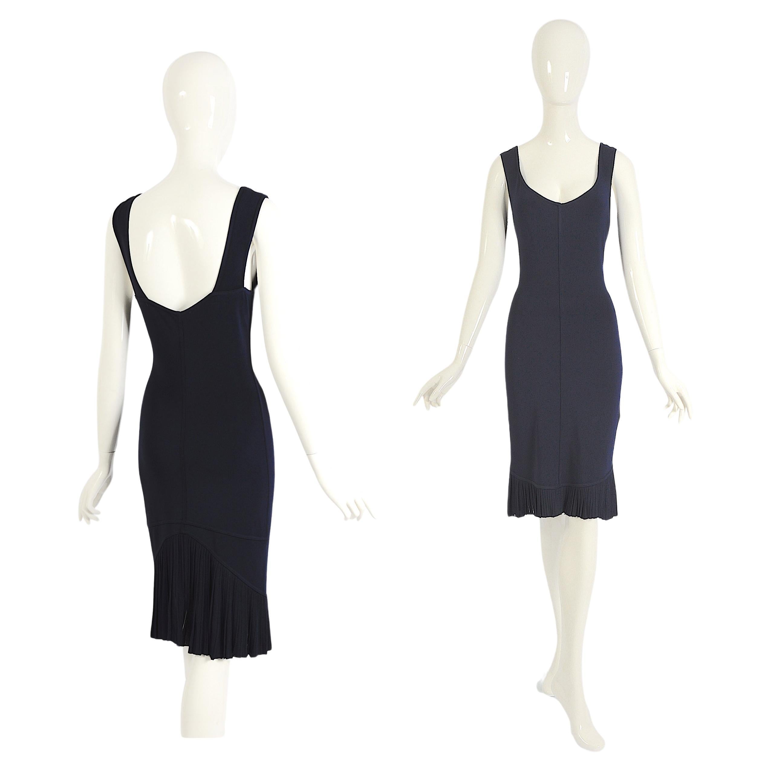 Azzedine Alaia SS 1990 Vintage Navy Blue Rayon Knit Body Con Pleated Hem Dress en vente