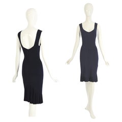 Azzedine Alaia SS 1990 Vintage Navy Blue Rayon Knit Body Con Pleated Hem Dress