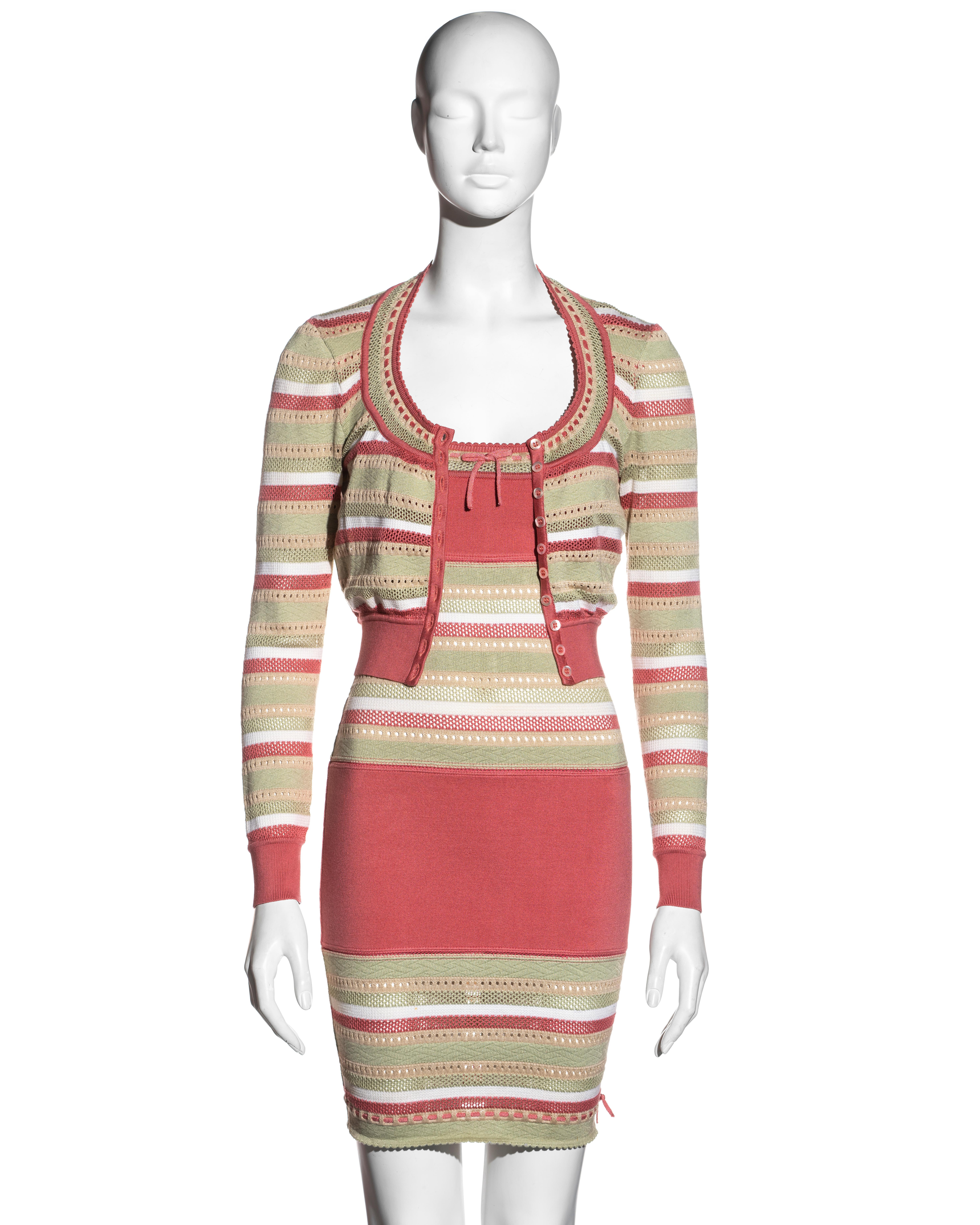 ▪ Azzedine Alaia stretch-knit dress and cardigan two-piece set
▪ Bodycon sheath dress 
▪ Cropped long-sleeve cardigan 
▪ Scoop neck 
▪ Ribbon ties at the neck and hem 
▪ Open-knit in pistachio, lemon, coral, and white stripes 
▪ Size Small
▪ 85%