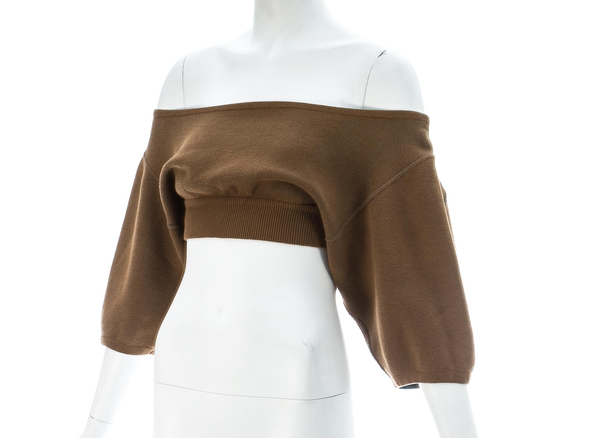 Brown Azzedine Alaia tan knitted cropped off-the-shoulder sweater, c. 1980s