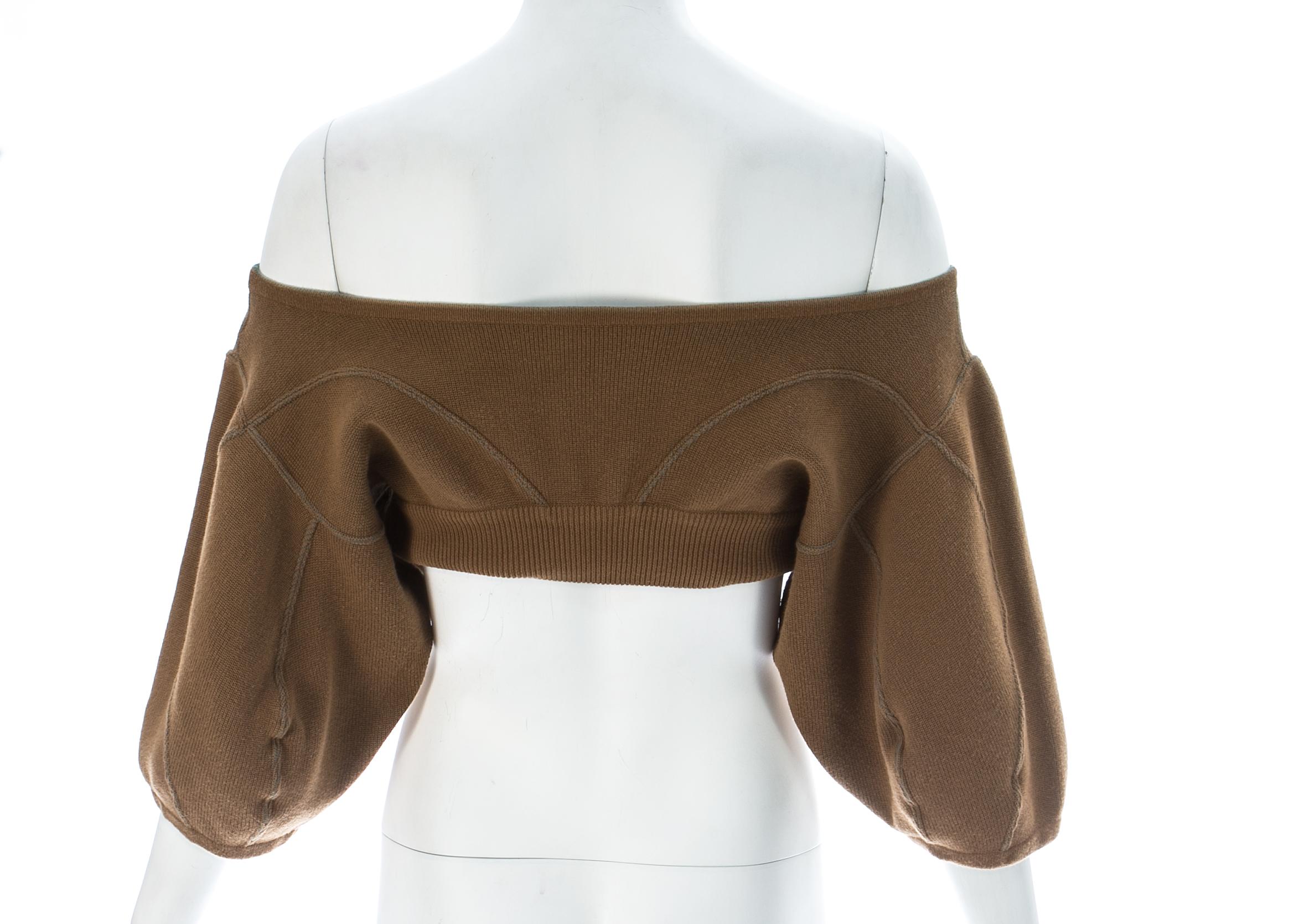 Women's Azzedine Alaia tan knitted cropped off-the-shoulder sweater, c. 1980s
