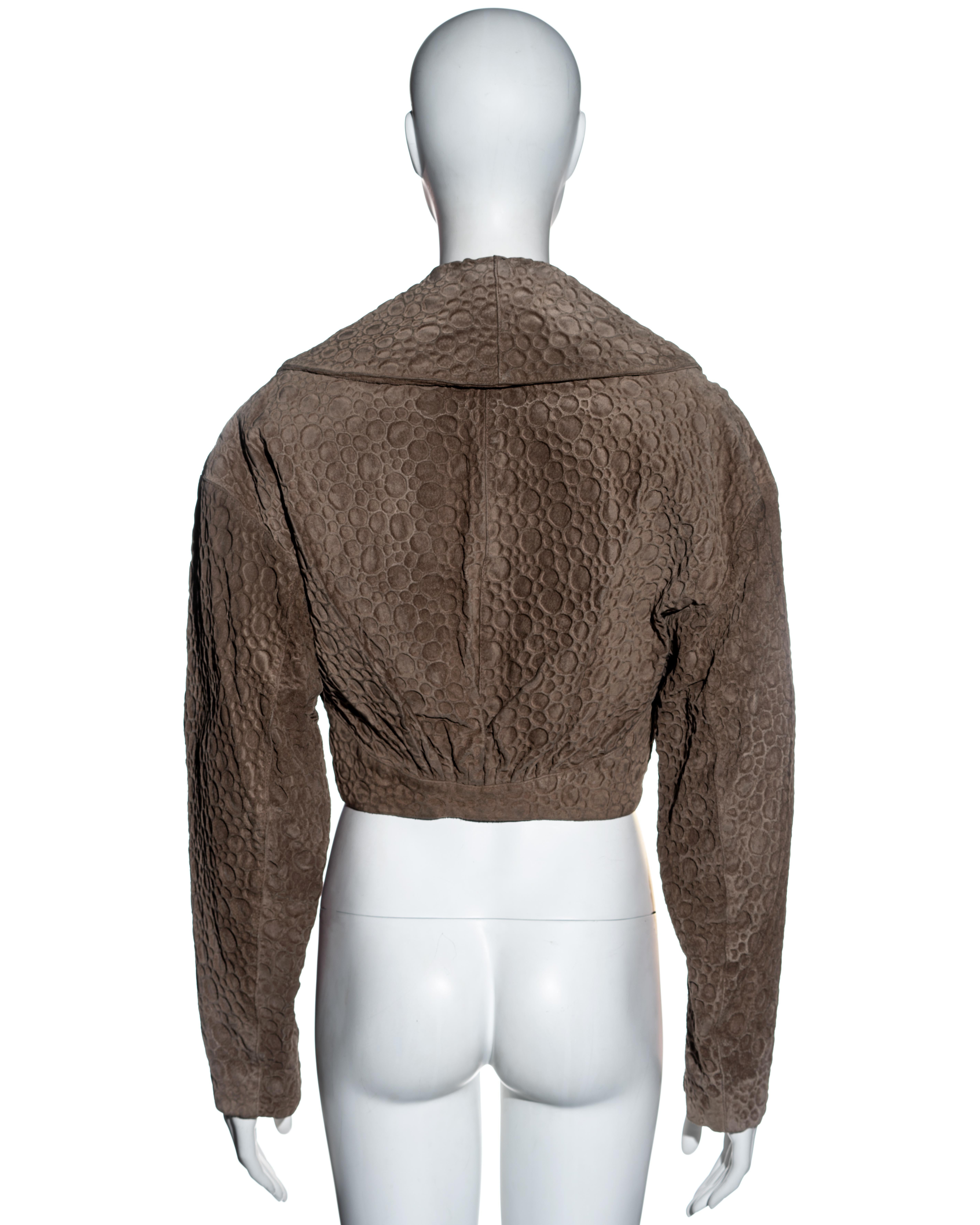 Azzedine Alaia taupe embossed suede cropped bolero jacket, ss 1987 In Good Condition For Sale In London, GB