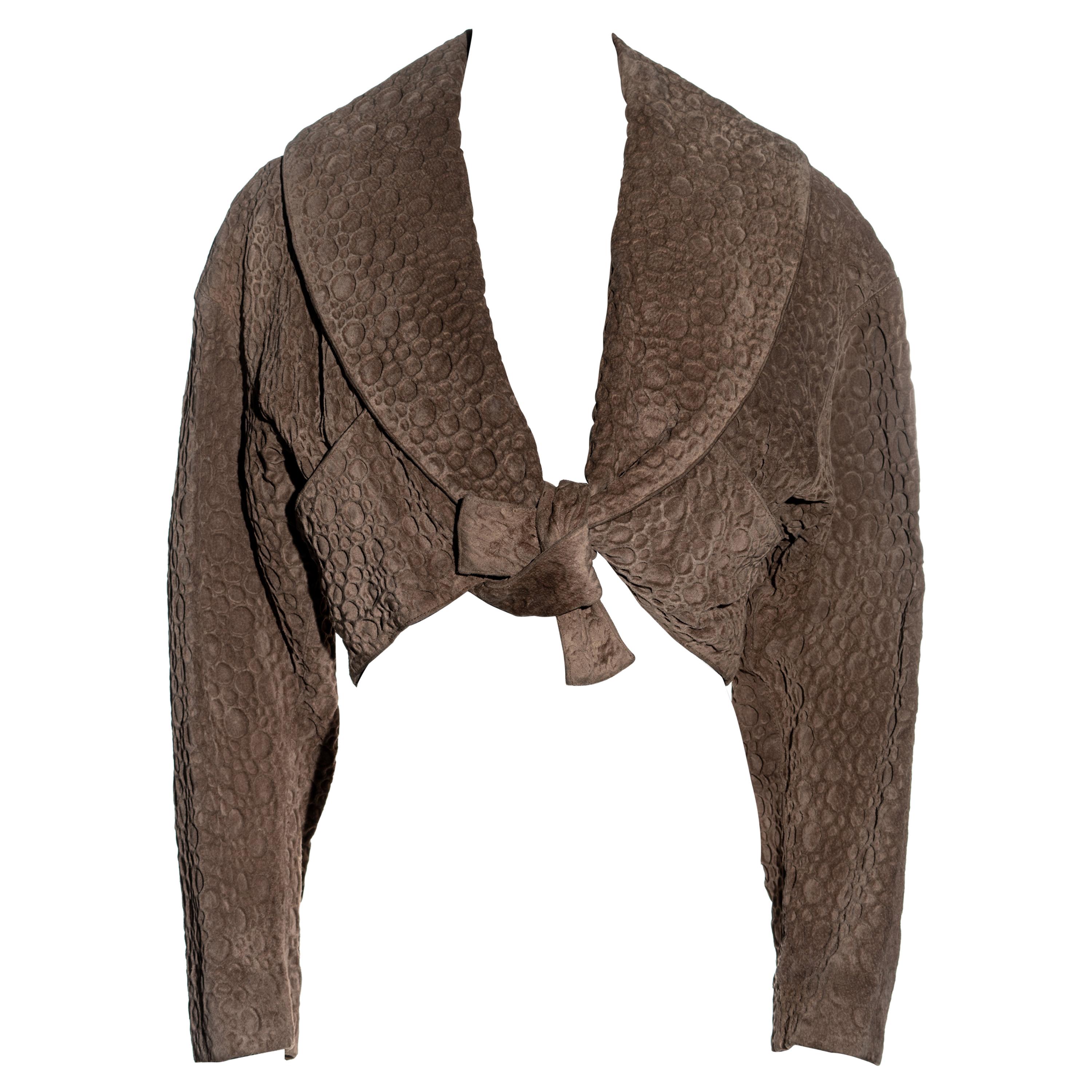 Azzedine Alaia taupe embossed suede cropped bolero jacket, ss 1987