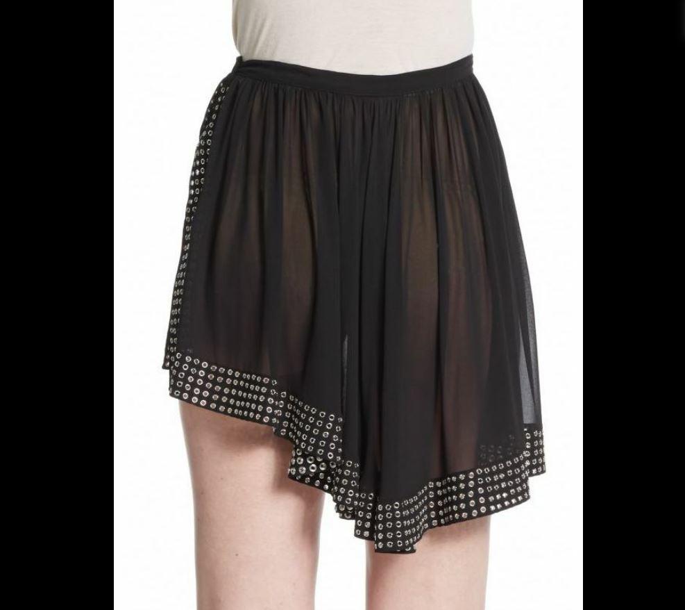 NEW Azzedine Alaia Sheer Asymmetrical Studded Side Slit Silk Mini Skirt Size FR 36 US 4 

Retail $4,895

Airy, asymmetrical silk skirt with grommet trim and sultry slit
Banded waist
Concealed side snaps with hook-and-eye closure
Silvertone grommet