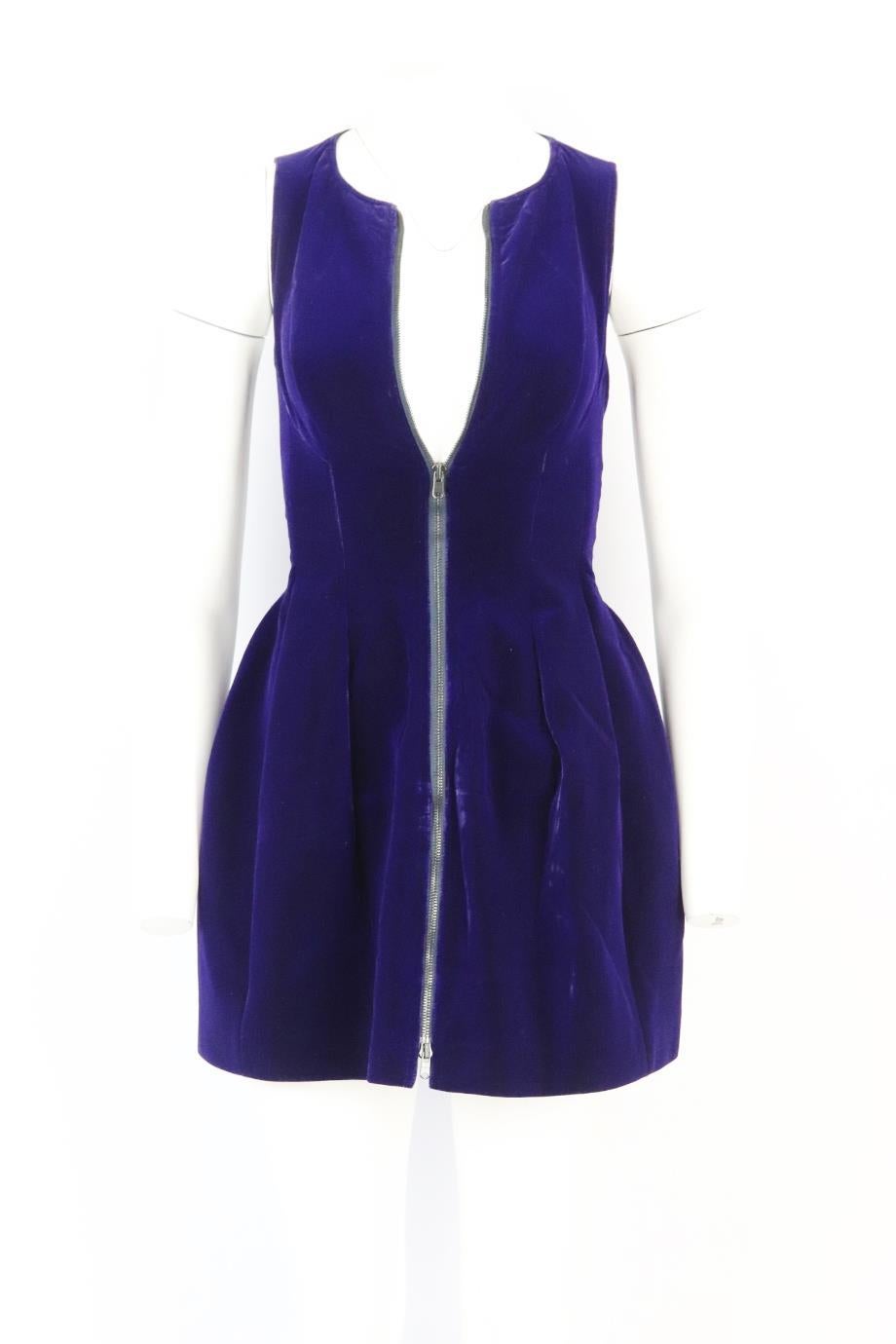 Azzedine Alaïa velvet mini dress. Blue. Sleeveless, crewneck. Zip fastening at front. 65% Rayon, 35% cupro; lining: 100% cupro. Size: FR 38 (UK 10, US 6, IT 42). Bust: 30 in. Waist: 25 in. Hips: 46 in. Length: 30.5 in. Very good condition - No sign