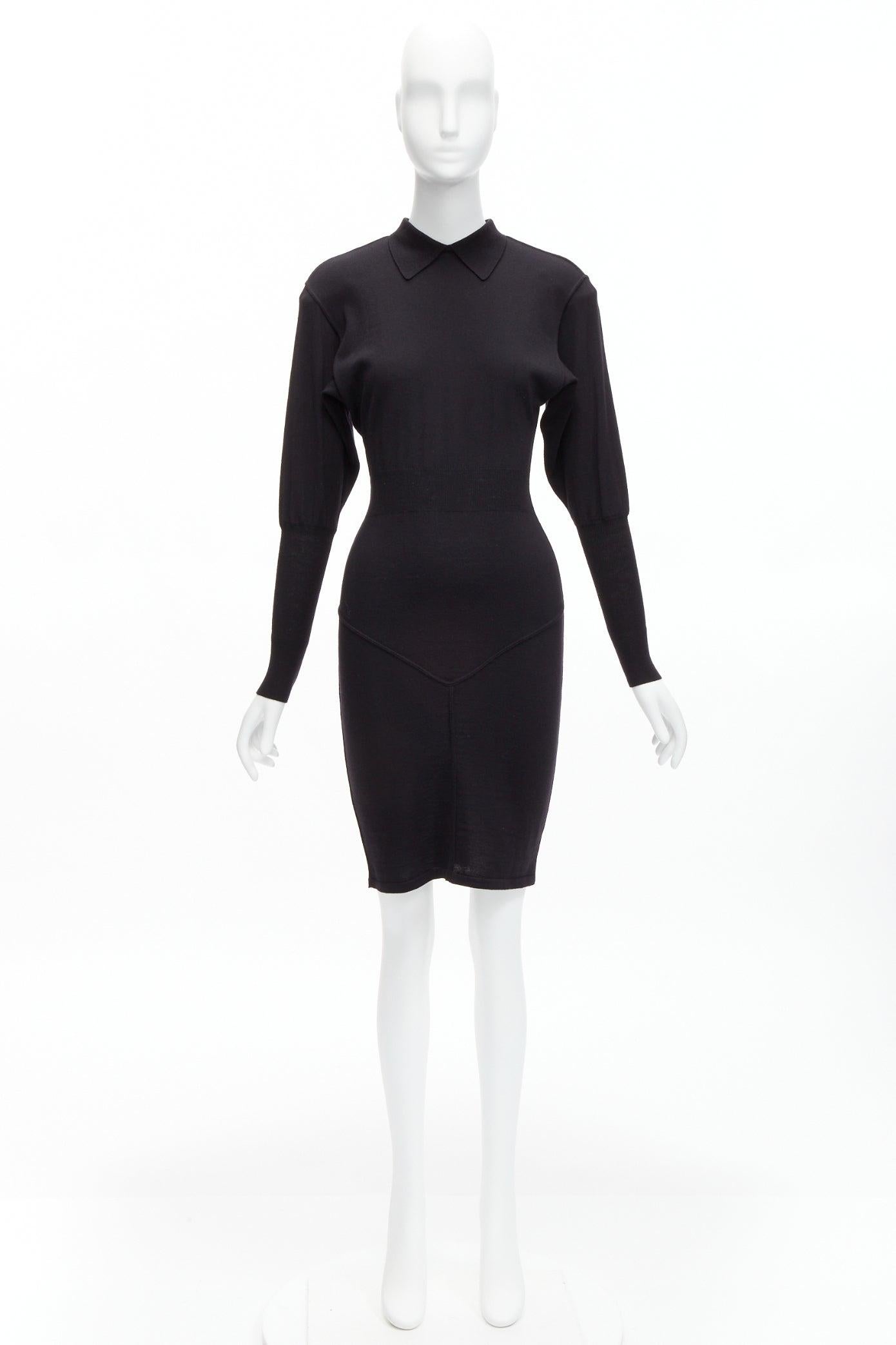 AZZEDINE ALAIA Vintage 100% virgin wool colla long sleeve bodycon dress FR40 M For Sale 6
