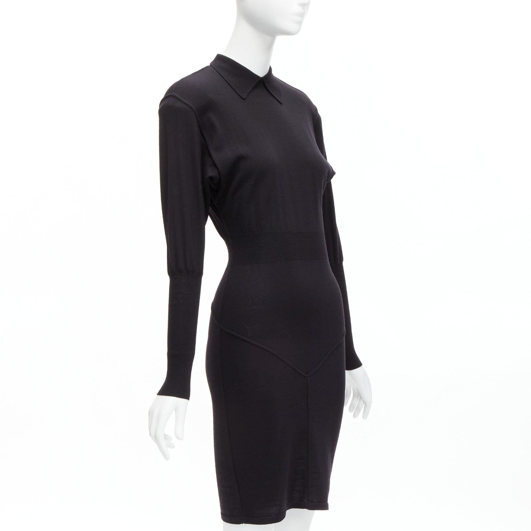 Black AZZEDINE ALAIA Vintage 100% virgin wool colla long sleeve bodycon dress FR40 M For Sale