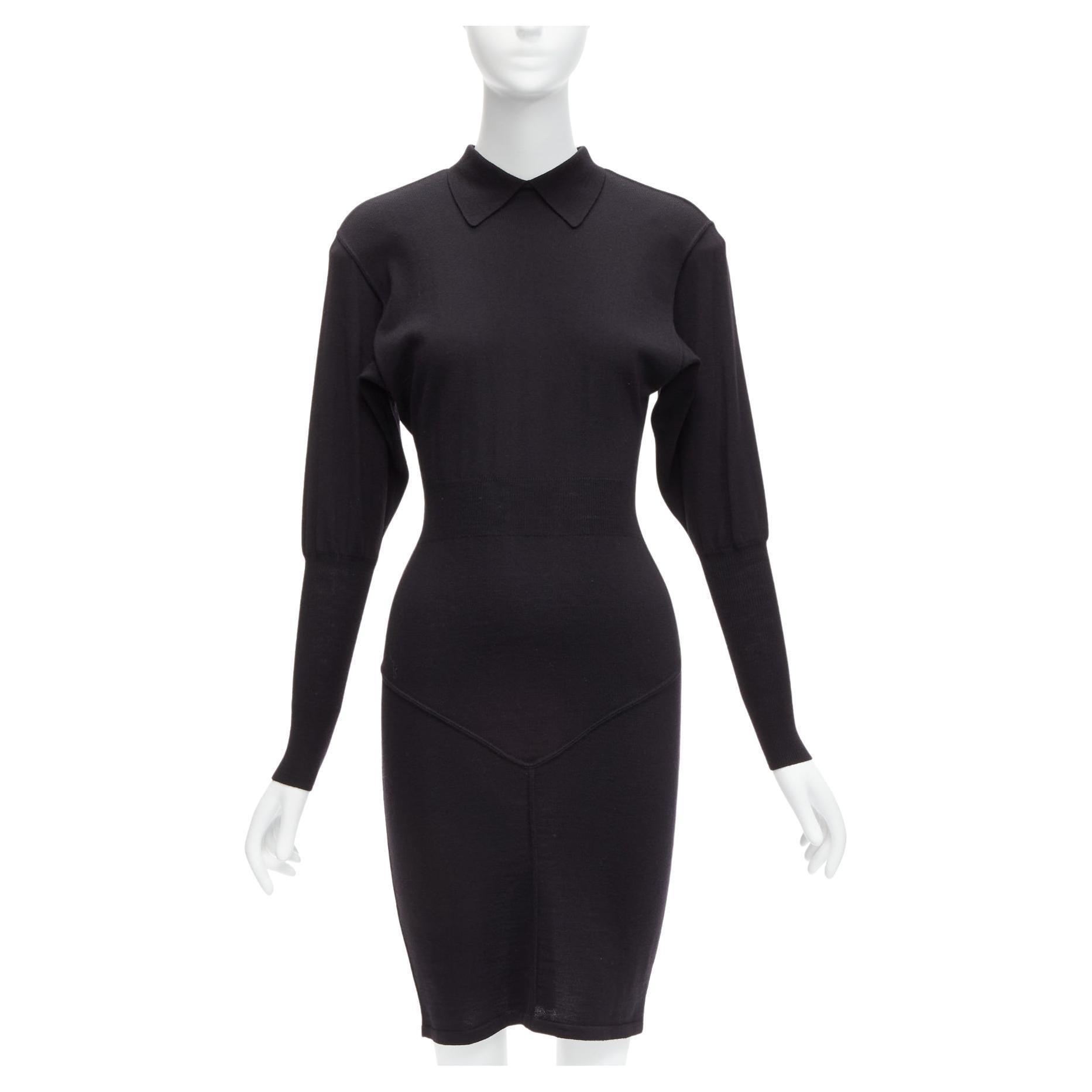 AZZEDINE ALAIA Vintage 100% virgin wool colla long sleeve bodycon dress FR40 M For Sale