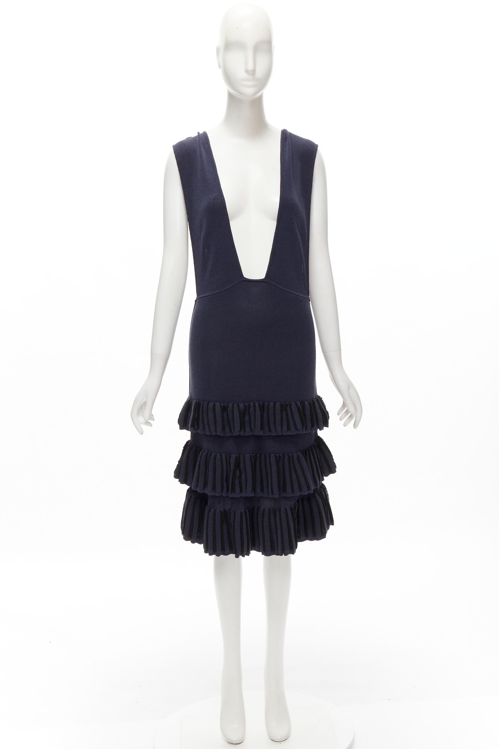 AZZEDINE ALAIA Vintage 1980's navy knitted tiered ruffles plunge neck dress For Sale 5
