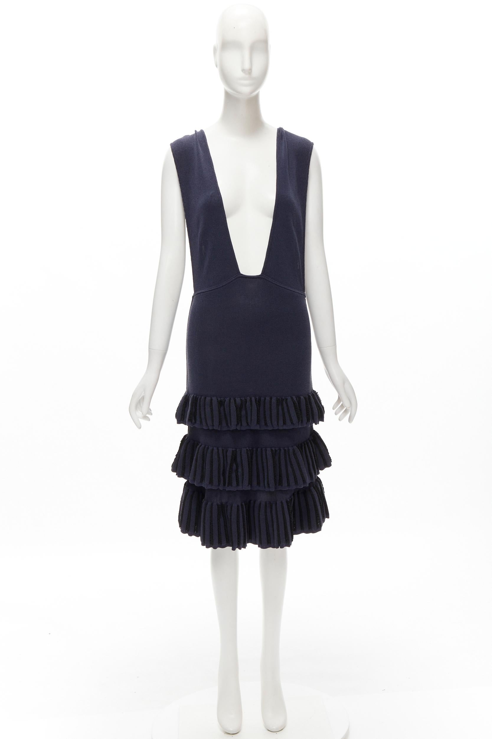 AZZEDINE ALAIA Vintage 1980's navy knitted tiered ruffles plunge neck dress For Sale 6