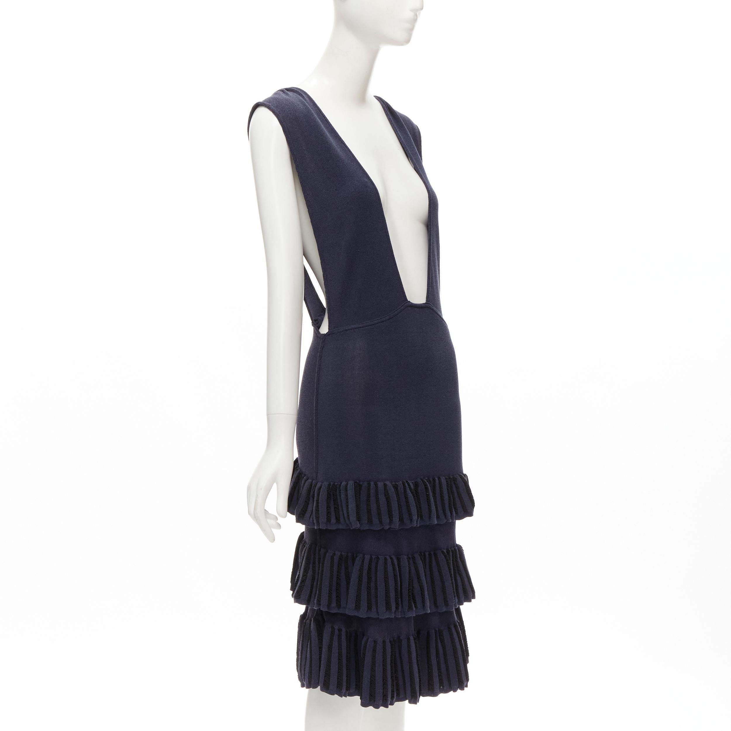 Black AZZEDINE ALAIA Vintage 1980's navy knitted tiered ruffles plunge neck dress For Sale