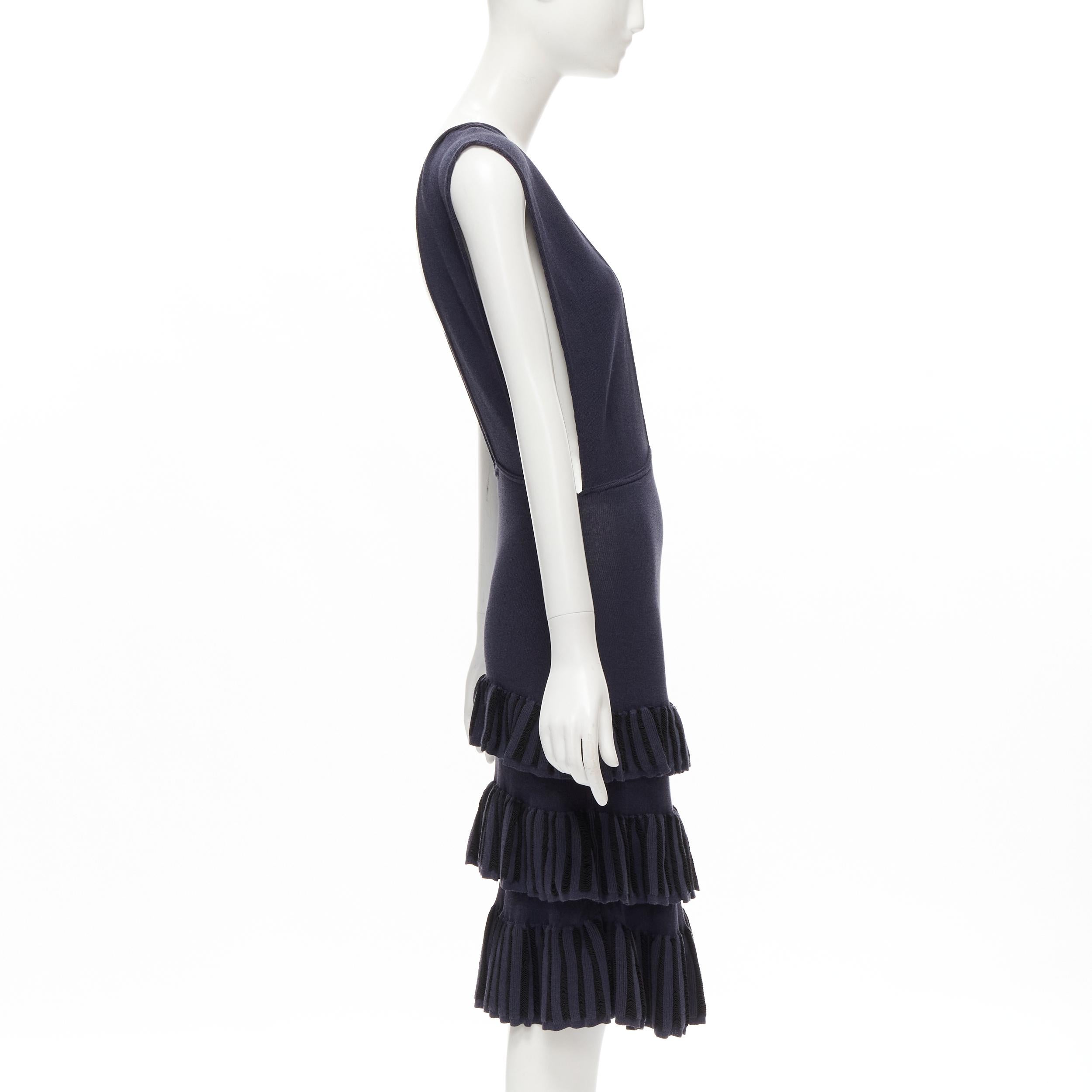 AZZEDINE ALAIA Vintage 1980's navy knitted tiered ruffles plunge neck dress In Good Condition For Sale In Hong Kong, NT