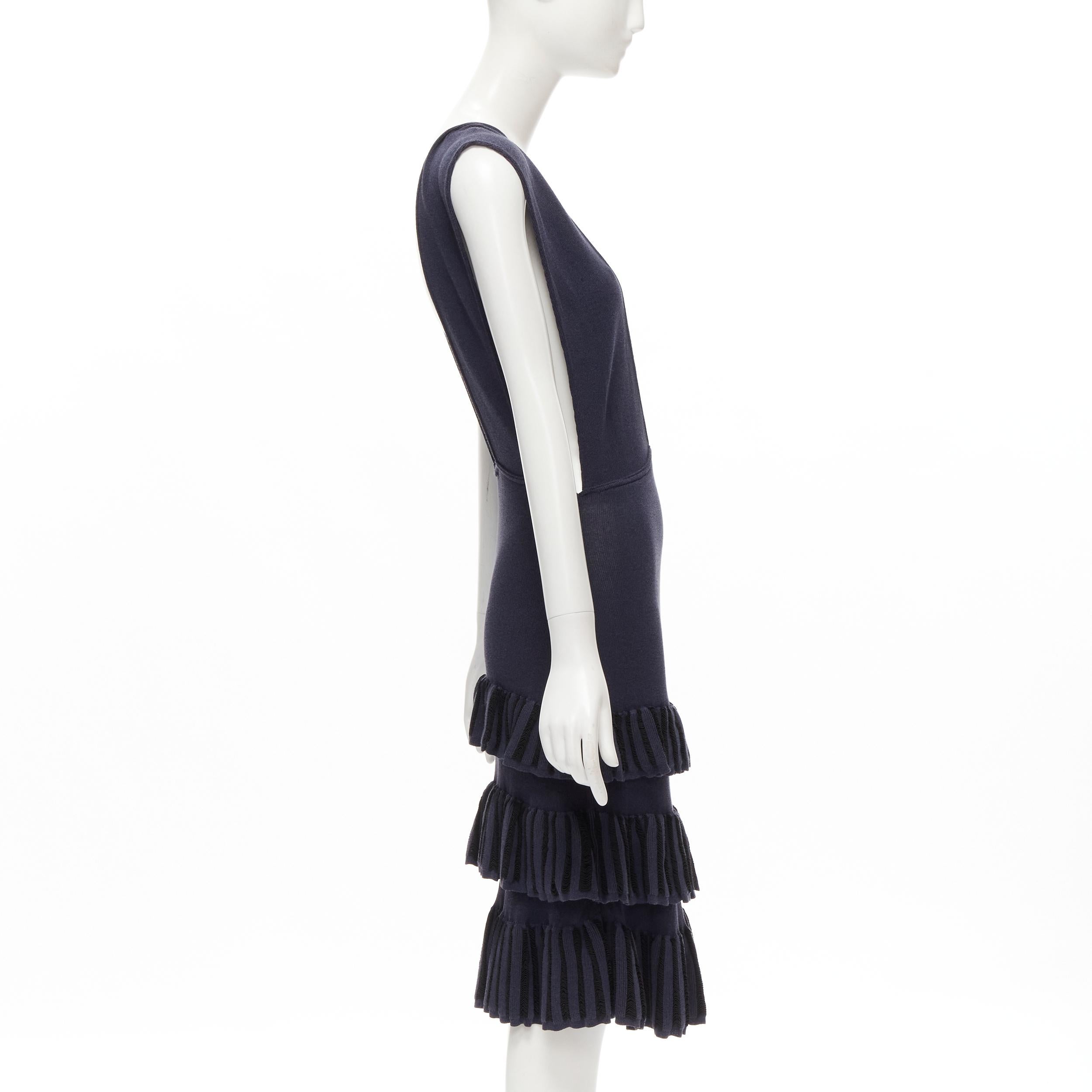 Women's AZZEDINE ALAIA Vintage 1980's navy knitted tiered ruffles plunge neck dress For Sale