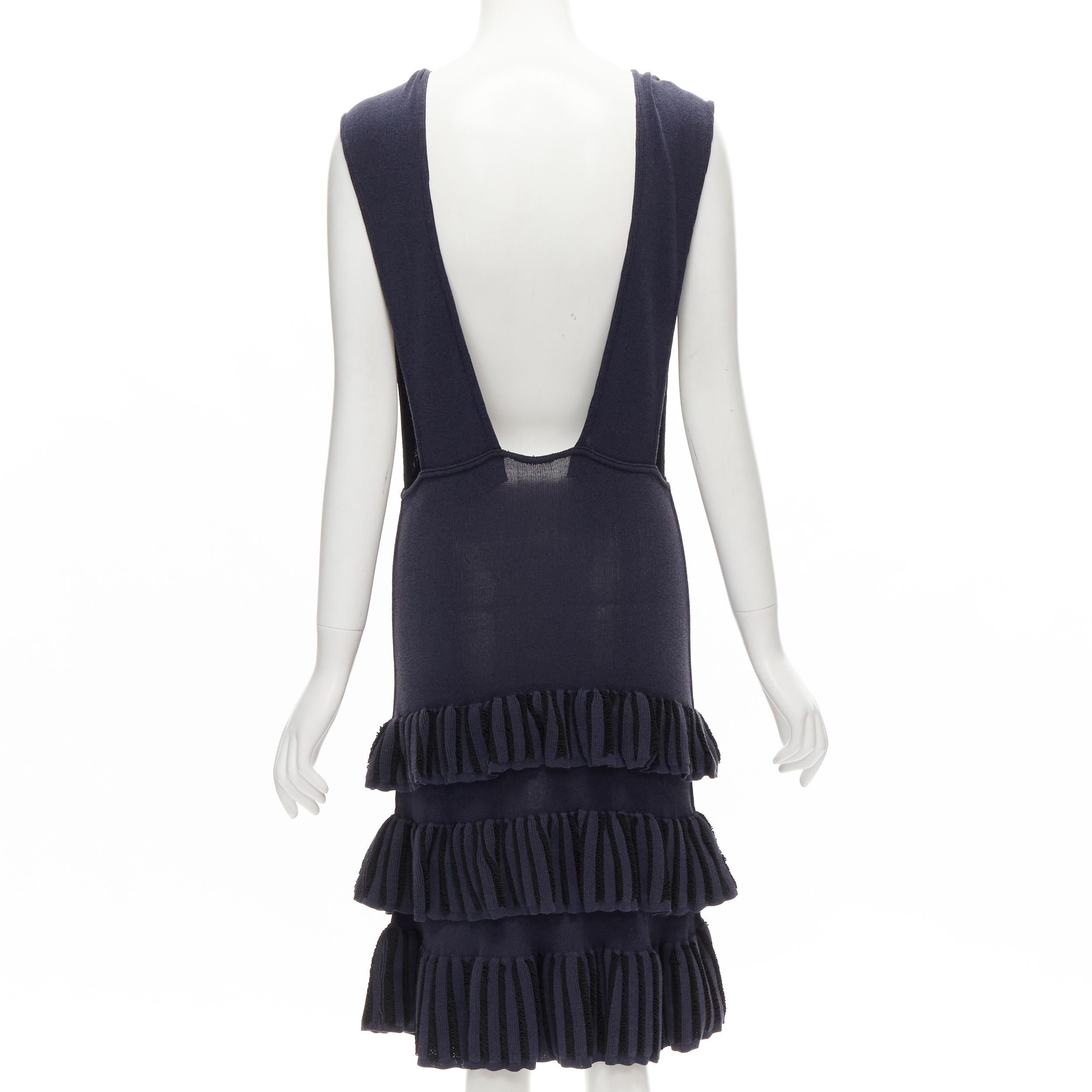 Women's AZZEDINE ALAIA Vintage 1980's navy knitted tiered ruffles plunge neck dress For Sale