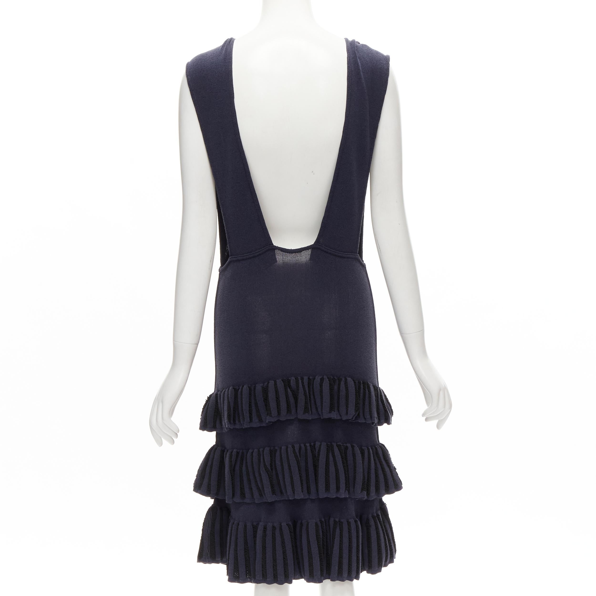 AZZEDINE ALAIA Vintage 1980's navy knitted tiered ruffles plunge neck dress For Sale 1