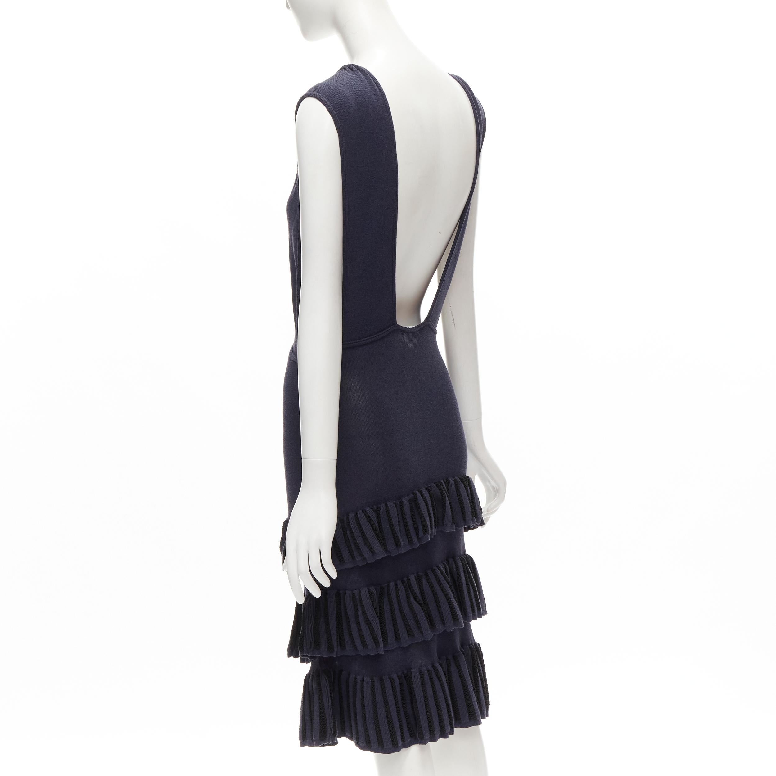 AZZEDINE ALAIA Vintage 1980's navy knitted tiered ruffles plunge neck dress For Sale 1
